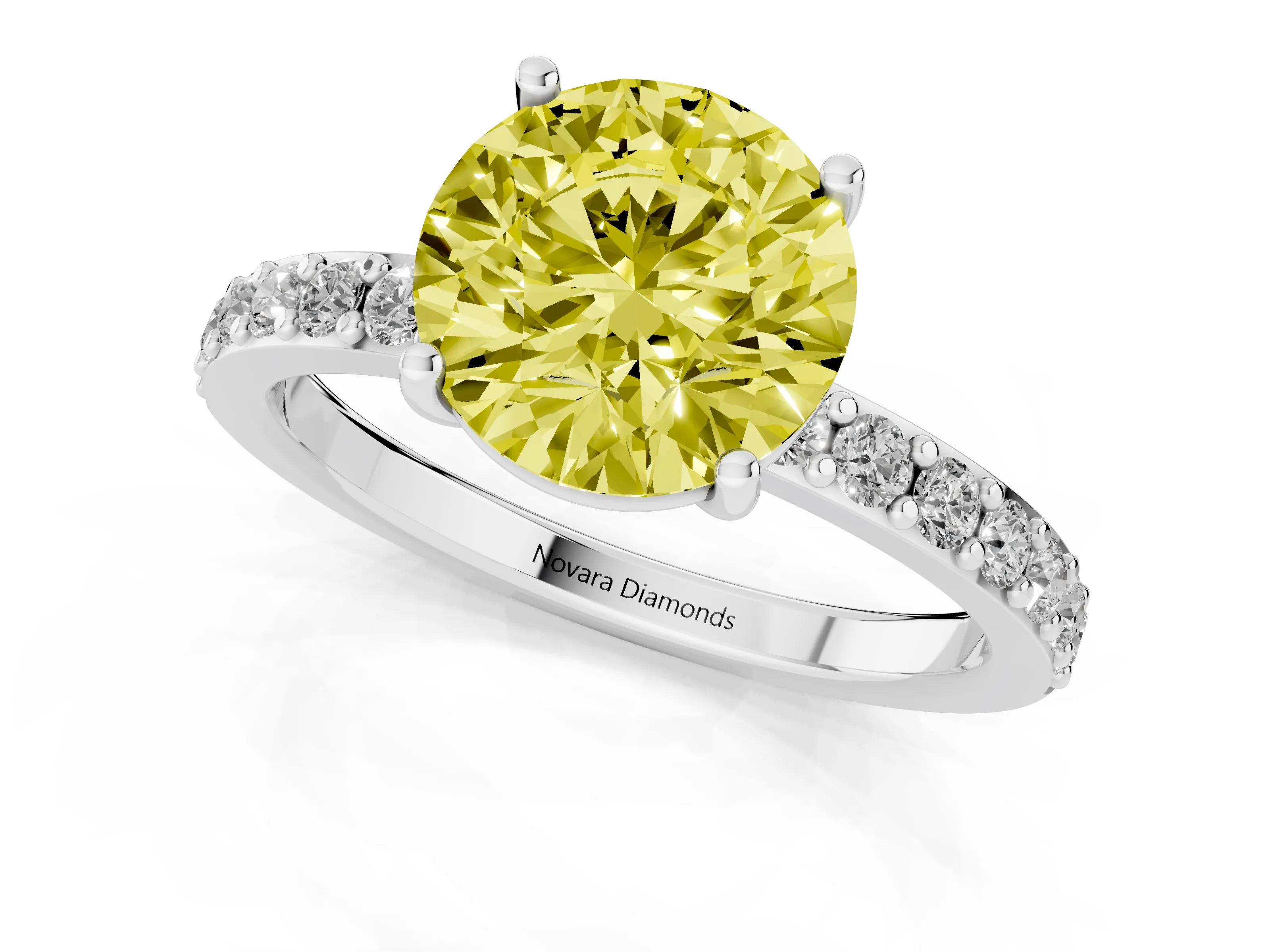 Fancy Yellow Round Cut Diamond Solitaire Set in Silver with Round Pavé Band and Prong Setting