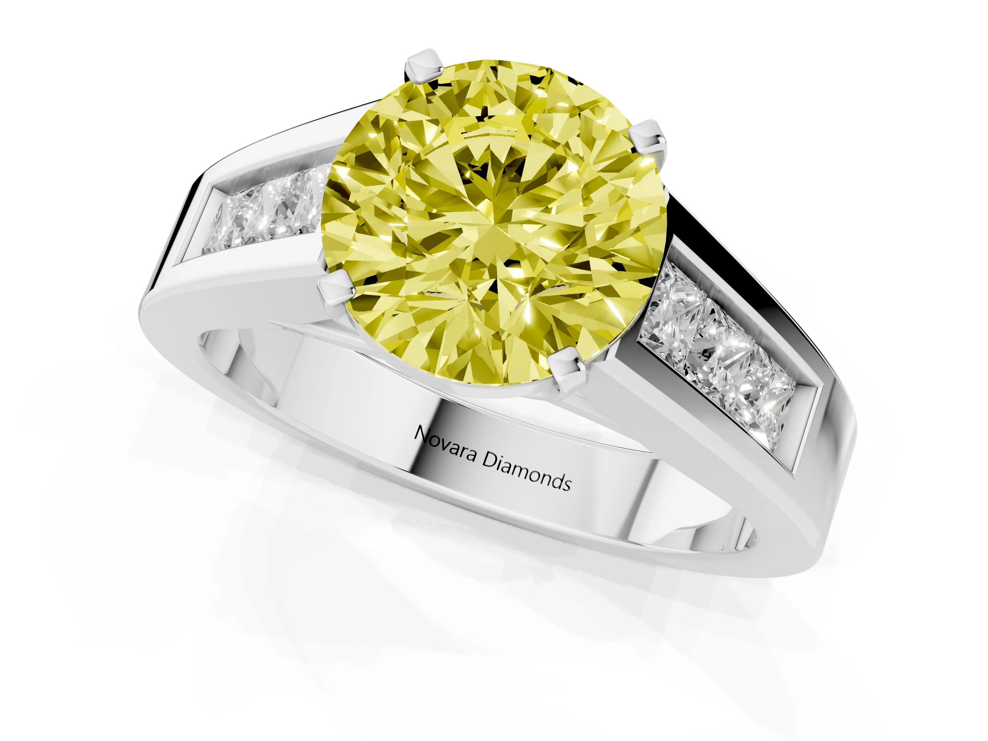 Fancy Yellow Round Cut Diamond Solitaire Ring Set in Silver with Channel-Set Accent Stones and Prong Setting