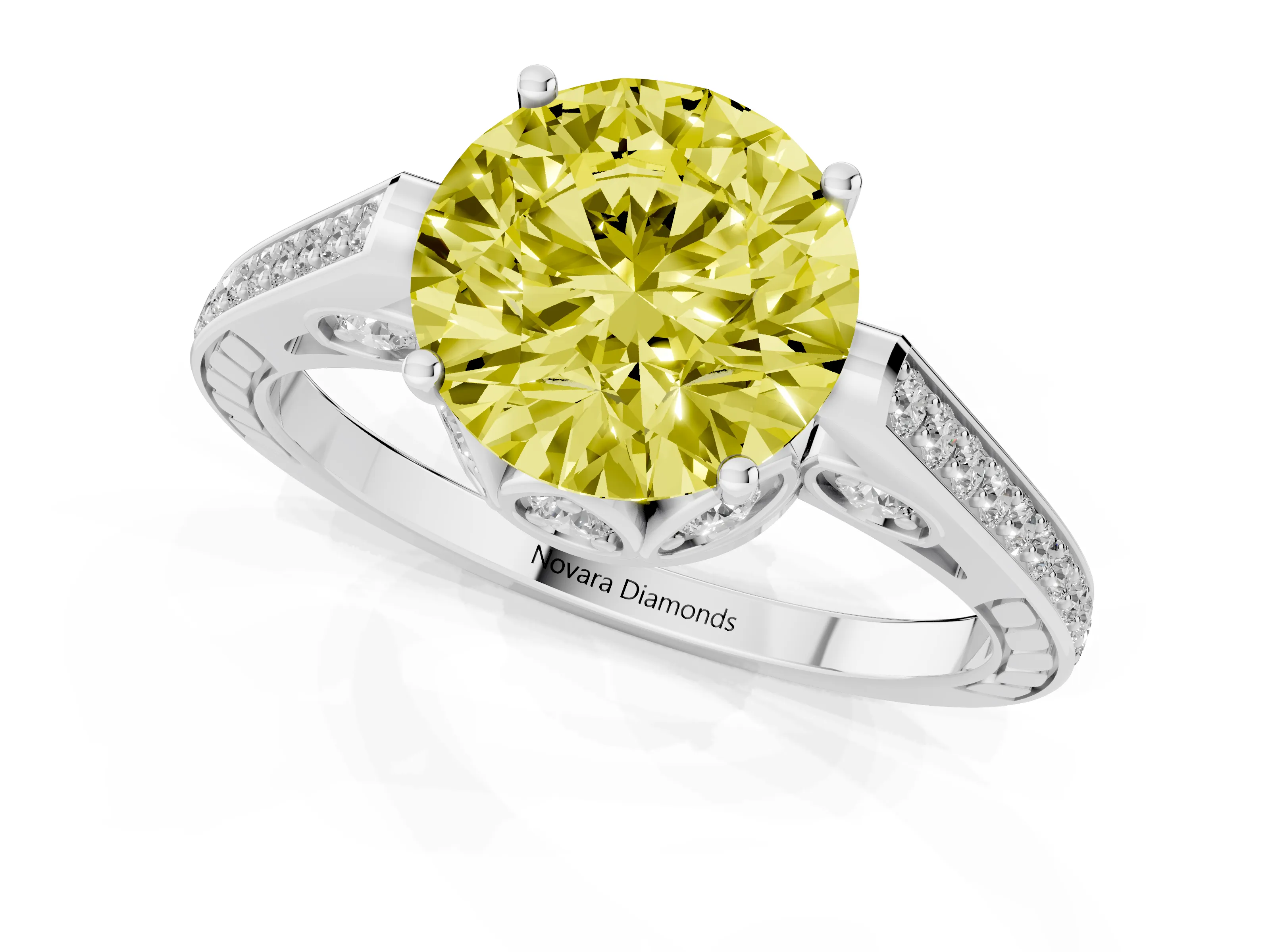Fancy Yellow Round Cut Diamond Cathedral Pavé Engagement Ring Set in White gold with Prong Setting