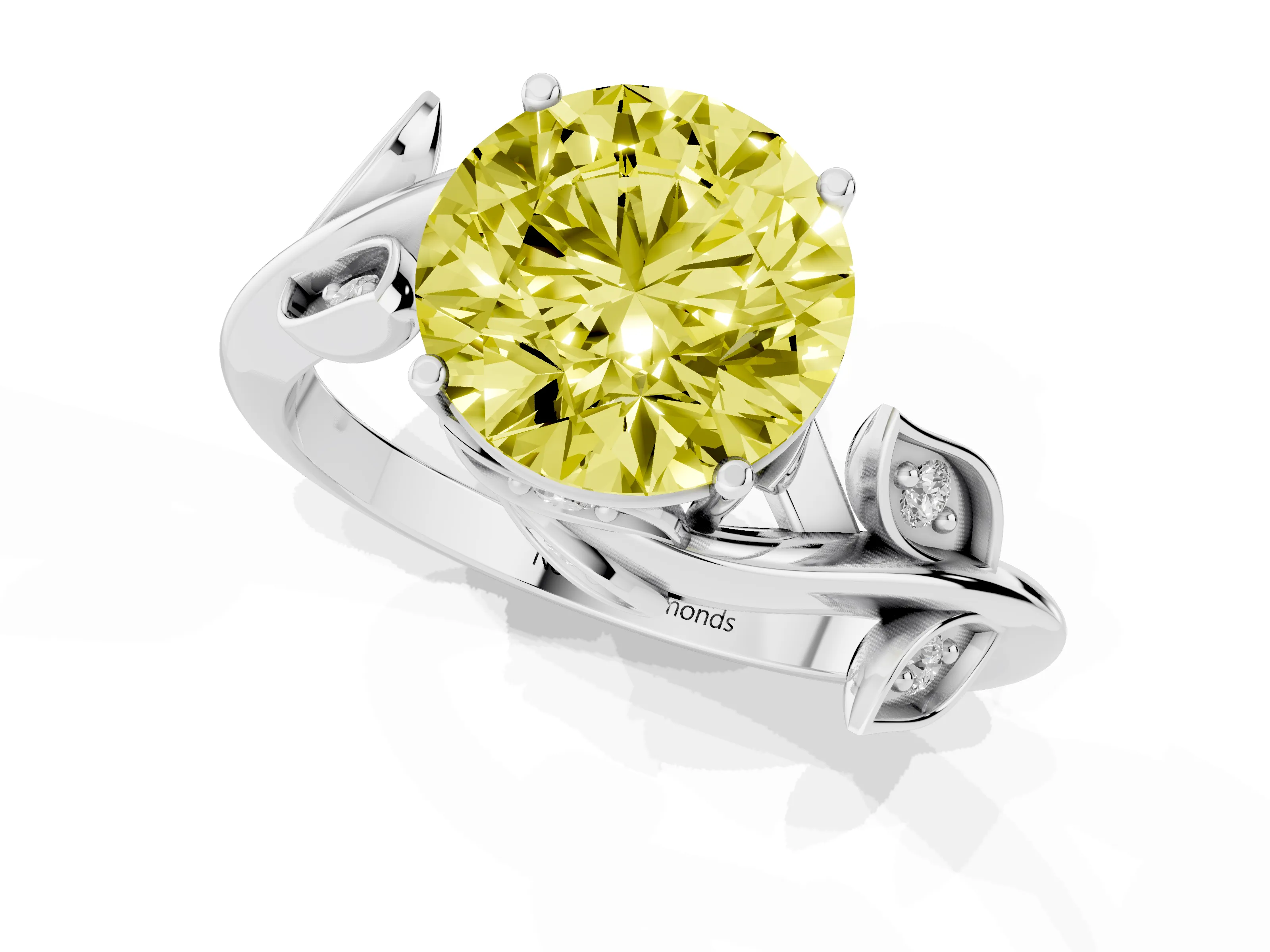 Fancy Yellow Round Cut Diamond Solitaire Twist Engagement Ring Set in Platinum with Pavé Leaf Accents