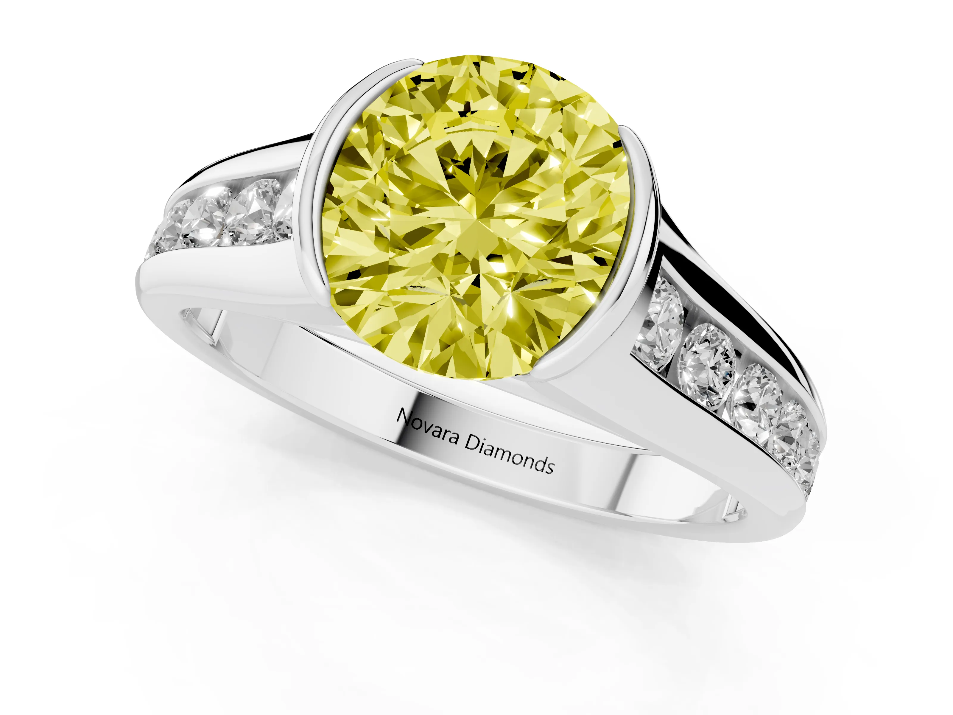 Fancy Yellow Round Cut Diamond Bezel-Set Solitaire Ring Set in White gold with Channel-Set Band