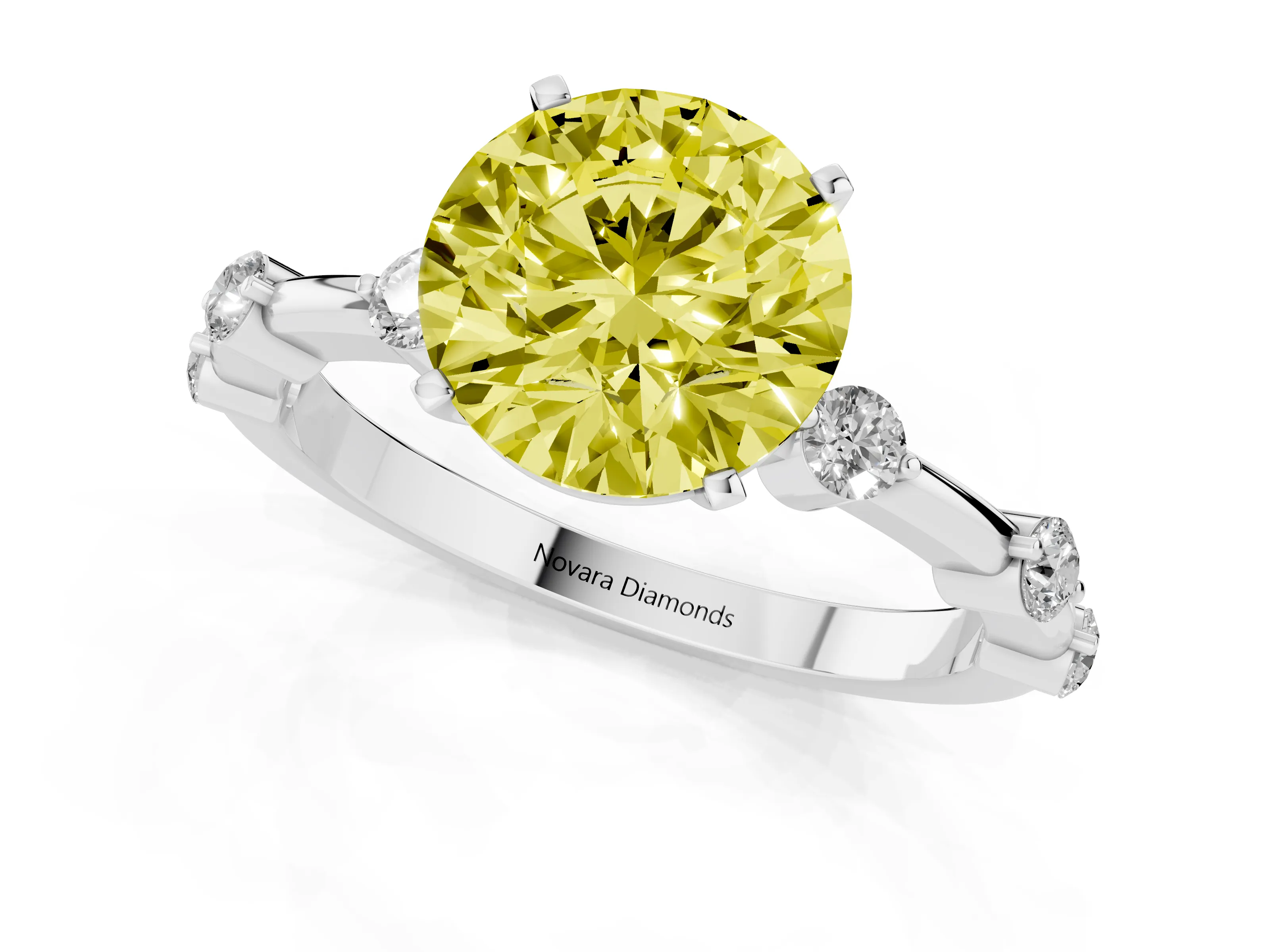 Fancy Yellow Round Cut Diamond Solitaire Ring Set in Platinum with Bezel Set Side Stones and Prong Setting