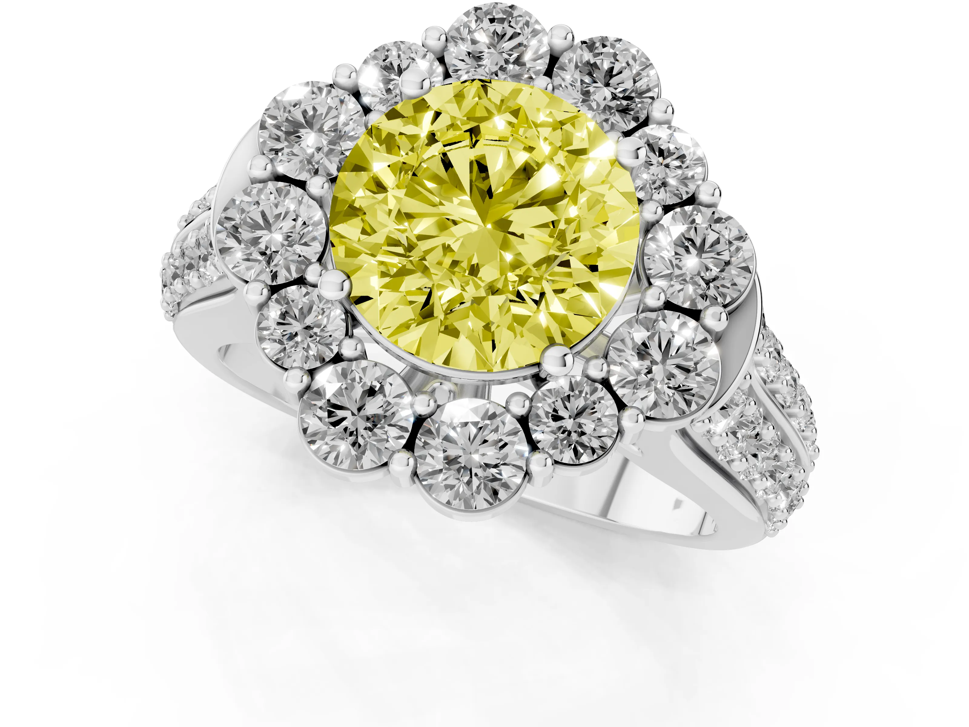 Fancy Yellow Round Cut Diamond Halo Engagement Ring Set in White gold with Split Shank and Prong Setting