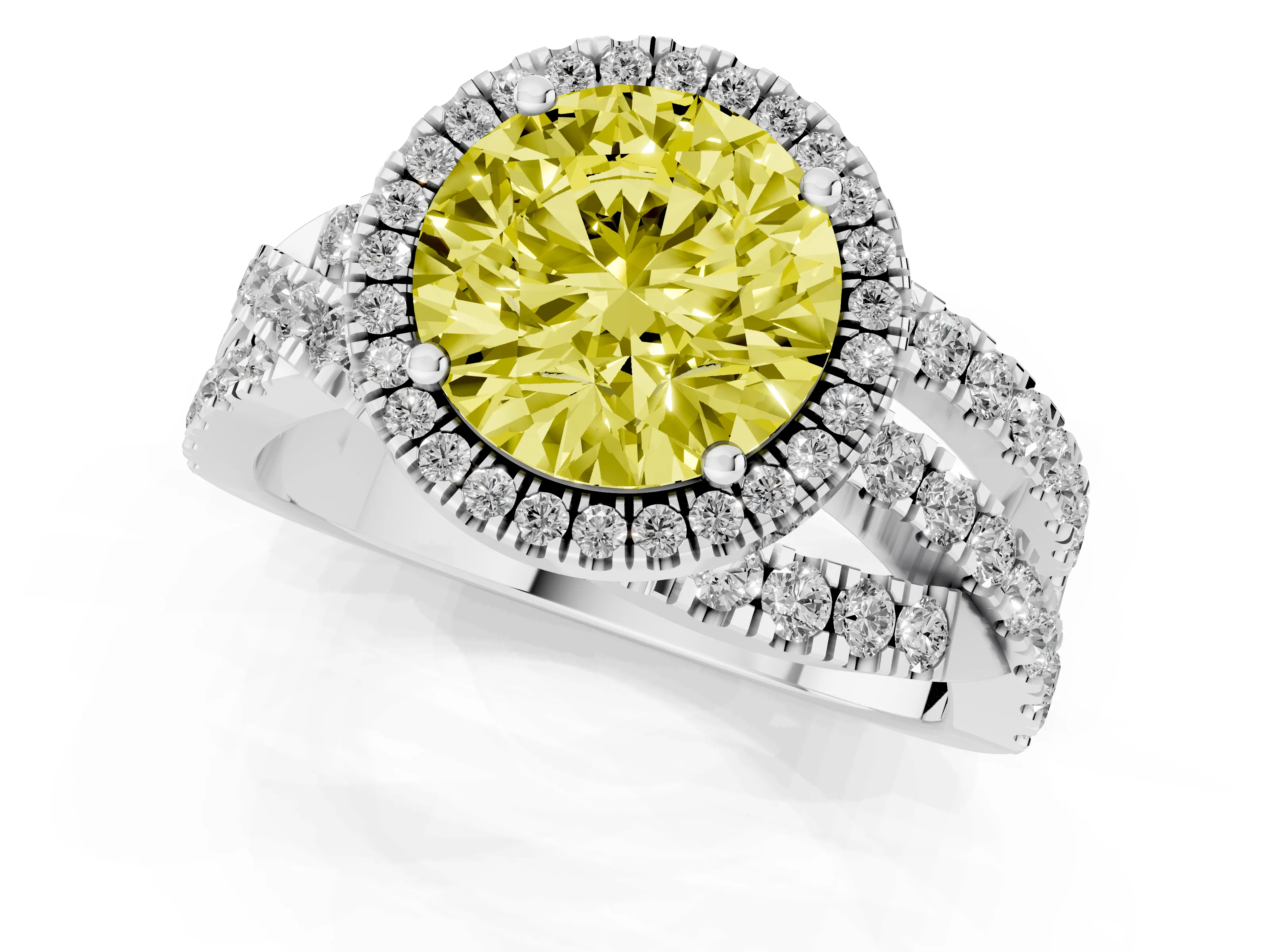 Fancy Yellow Round Cut Diamond Halo Ring Set in Platinum with Round Crossover Split Shank and Prong Setting