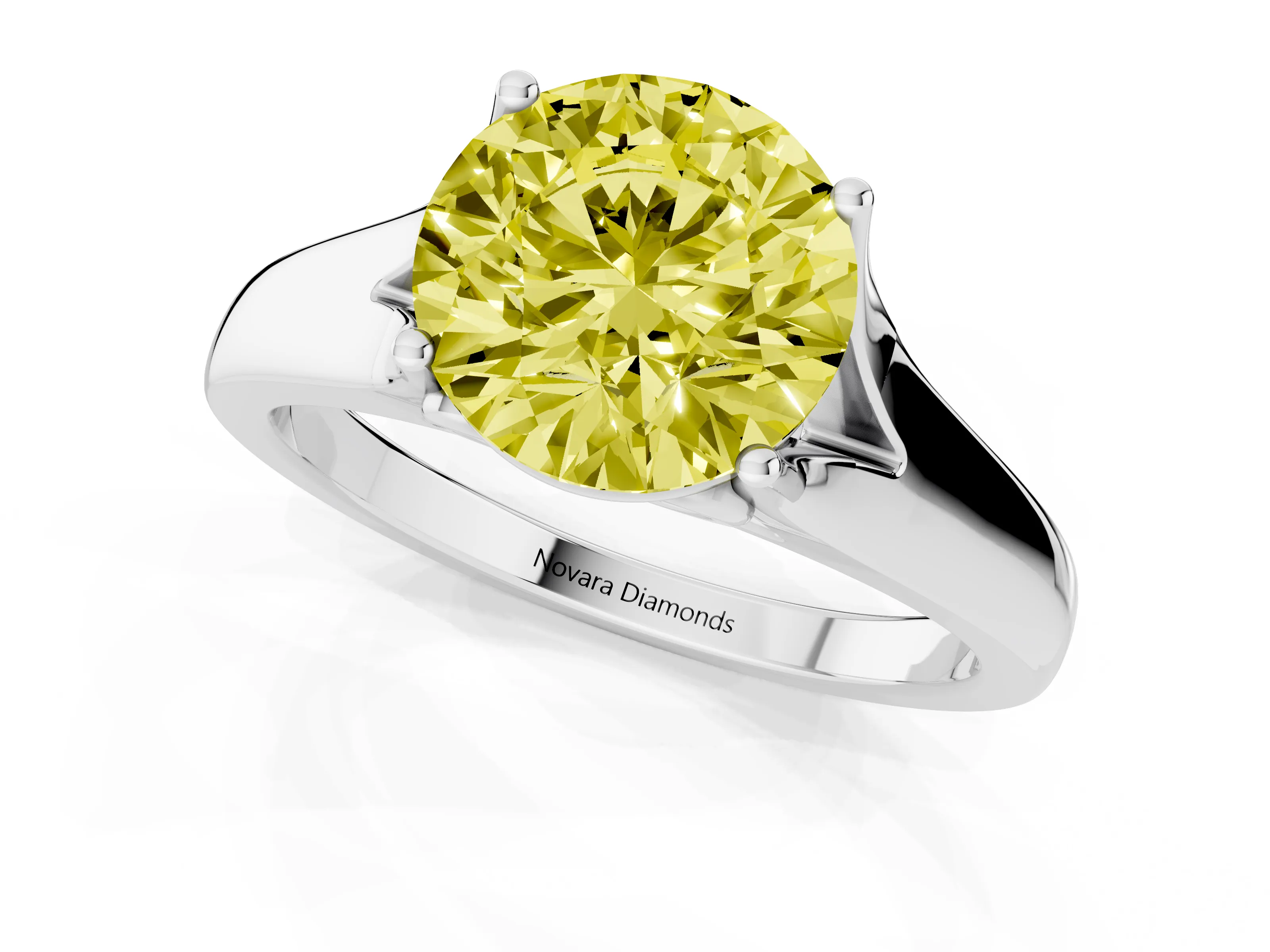 Fancy Yellow Round Cut Diamond Solitaire Ring Set in White gold with Arched Cathedral Band and Prong Setting