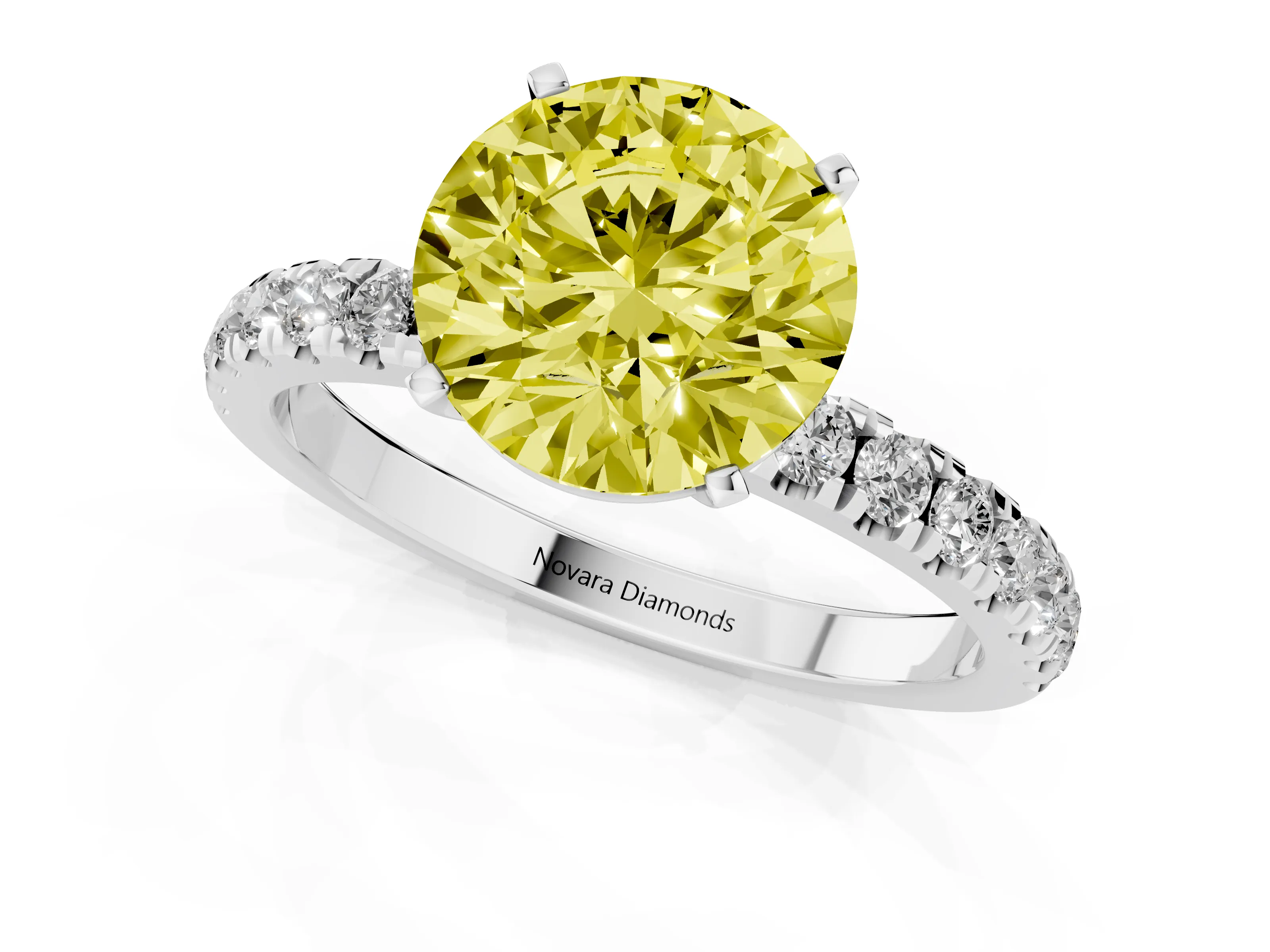 Fancy Yellow Round Cut Diamond Solitaire Ring Set in Silver with Pavé Accents and Prong Setting