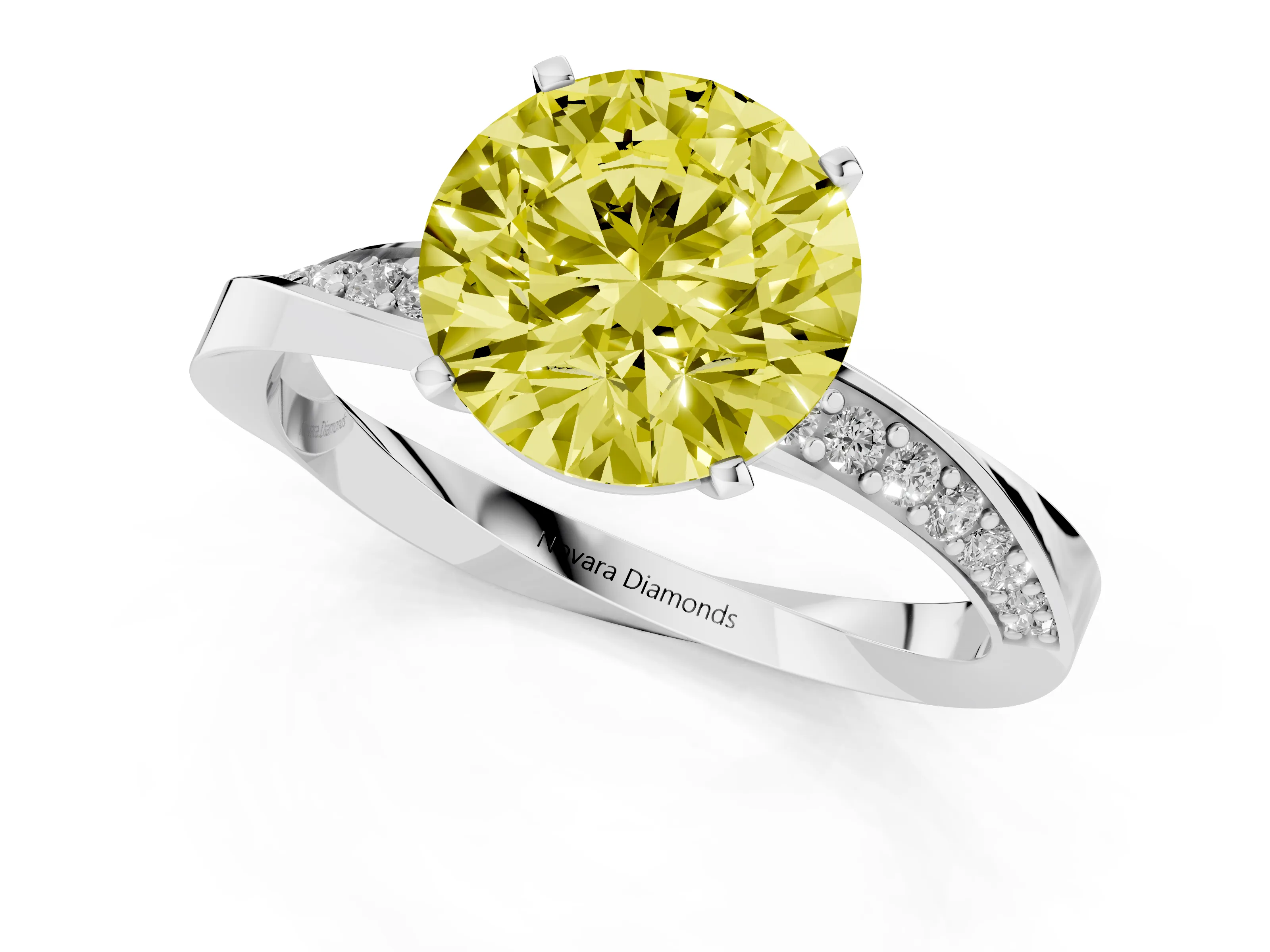 Fancy Yellow Round Cut Diamond Engagement Ring Set in Silver with Side Stone Accents and Prong Setting