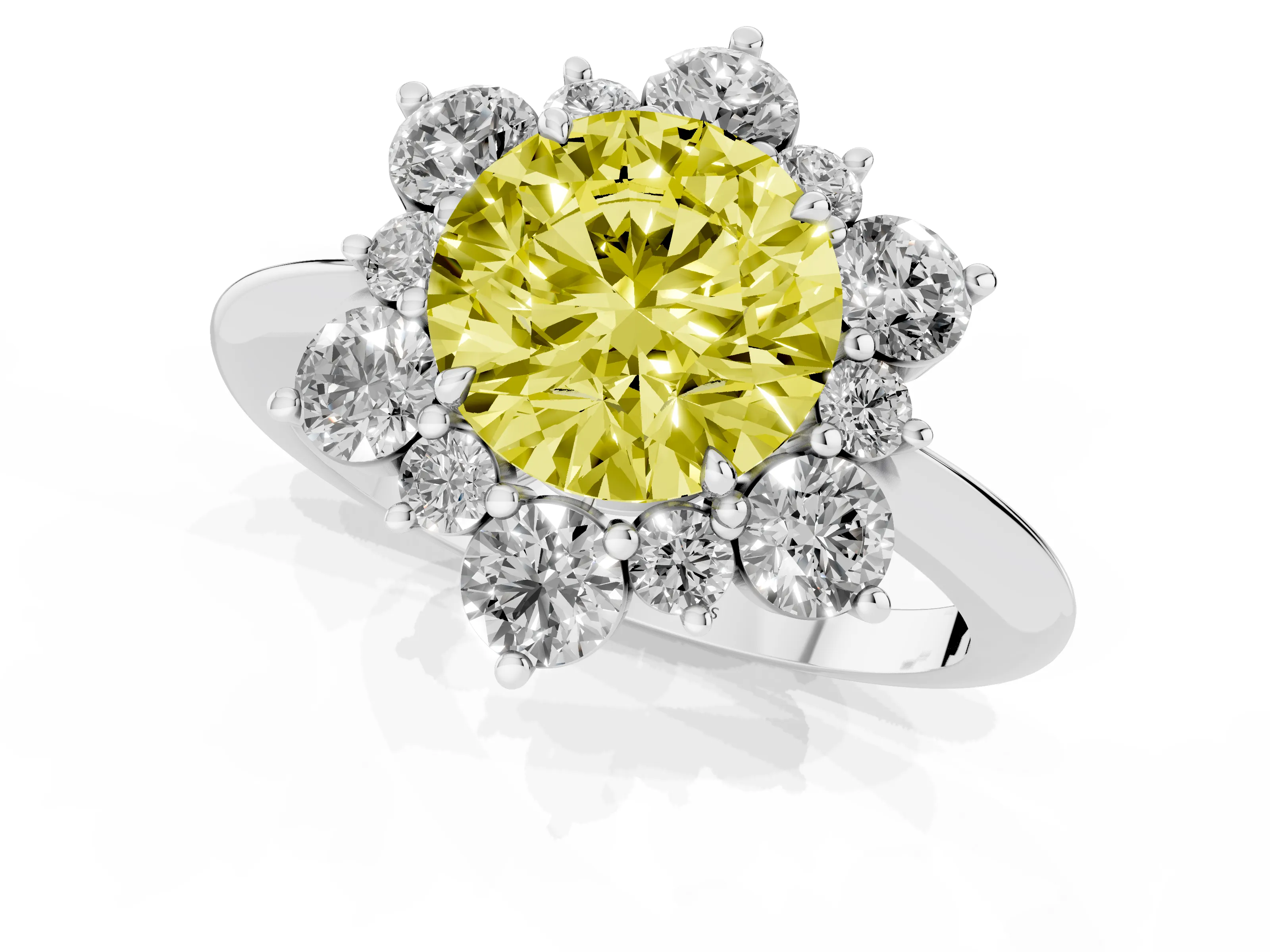 Fancy Yellow Round Cut Diamond Cluster Halo Ring Set in Silver with Solitaire Band and Prong Setting