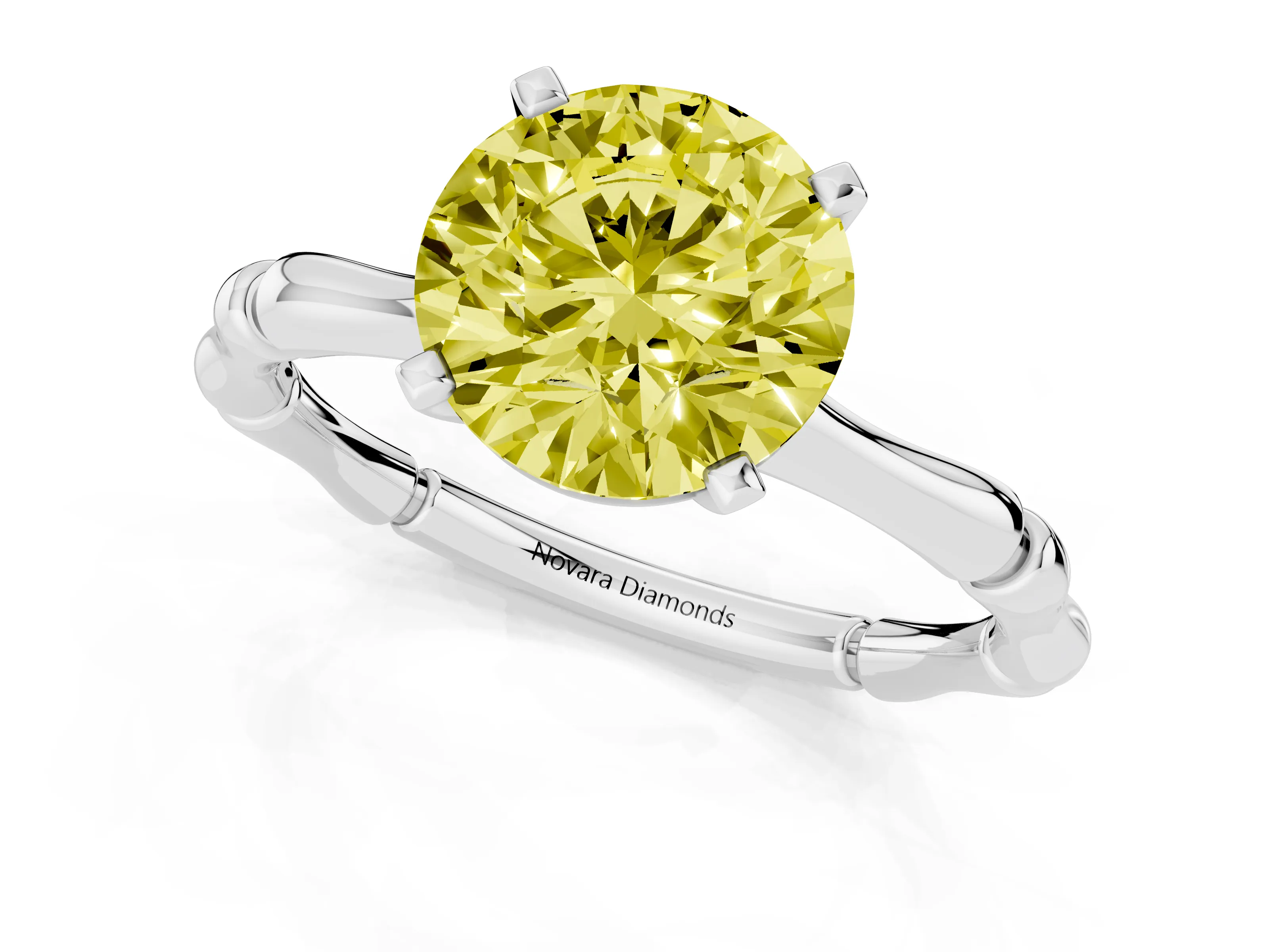 Fancy Yellow Round Cut Diamond Solitaire Ring Set in Platinum with Bamboo Band and Prong Setting