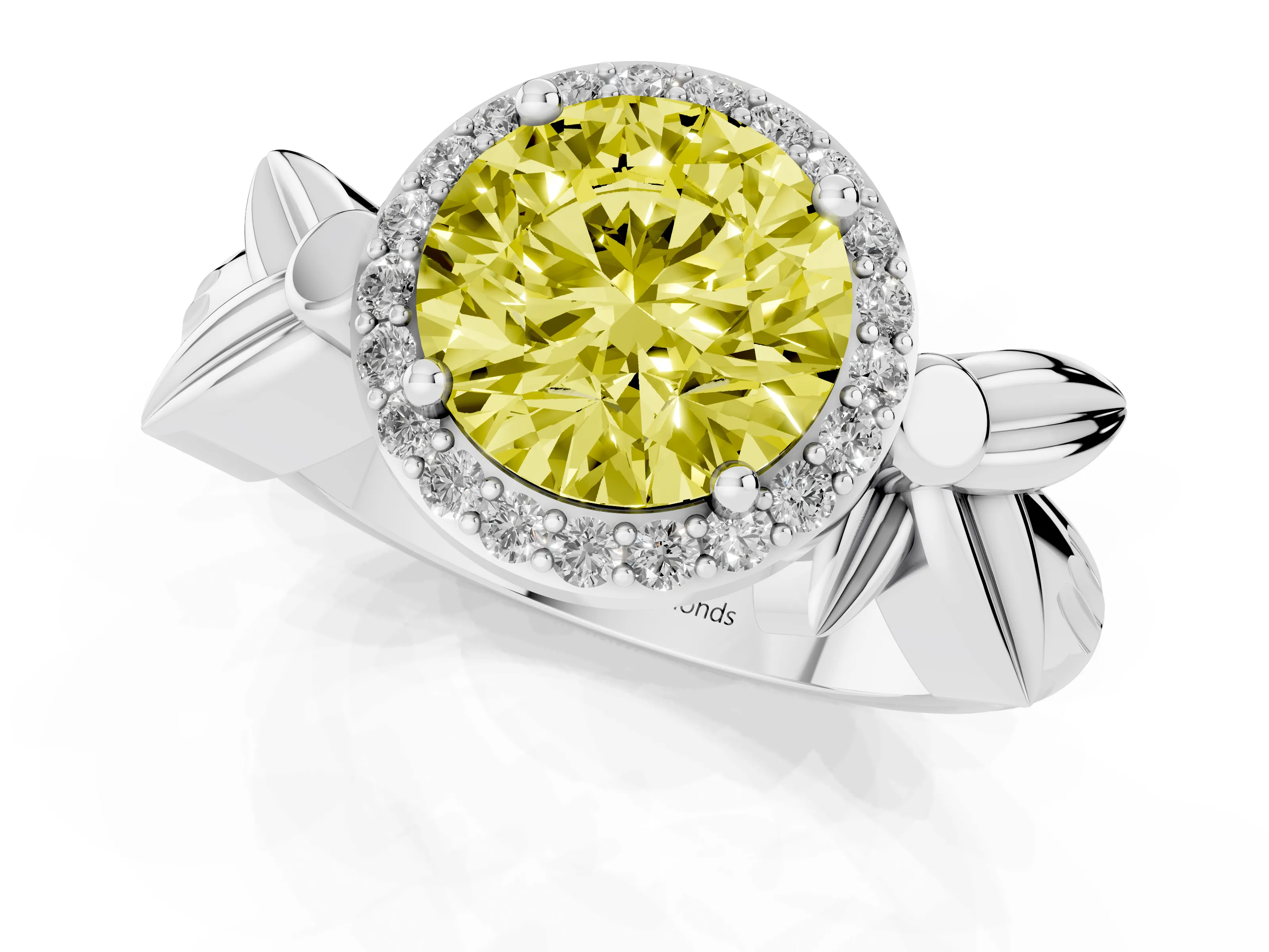 Fancy Yellow Round Cut Diamond Halo Floral Band Ring Set in Silver with Prong Setting
