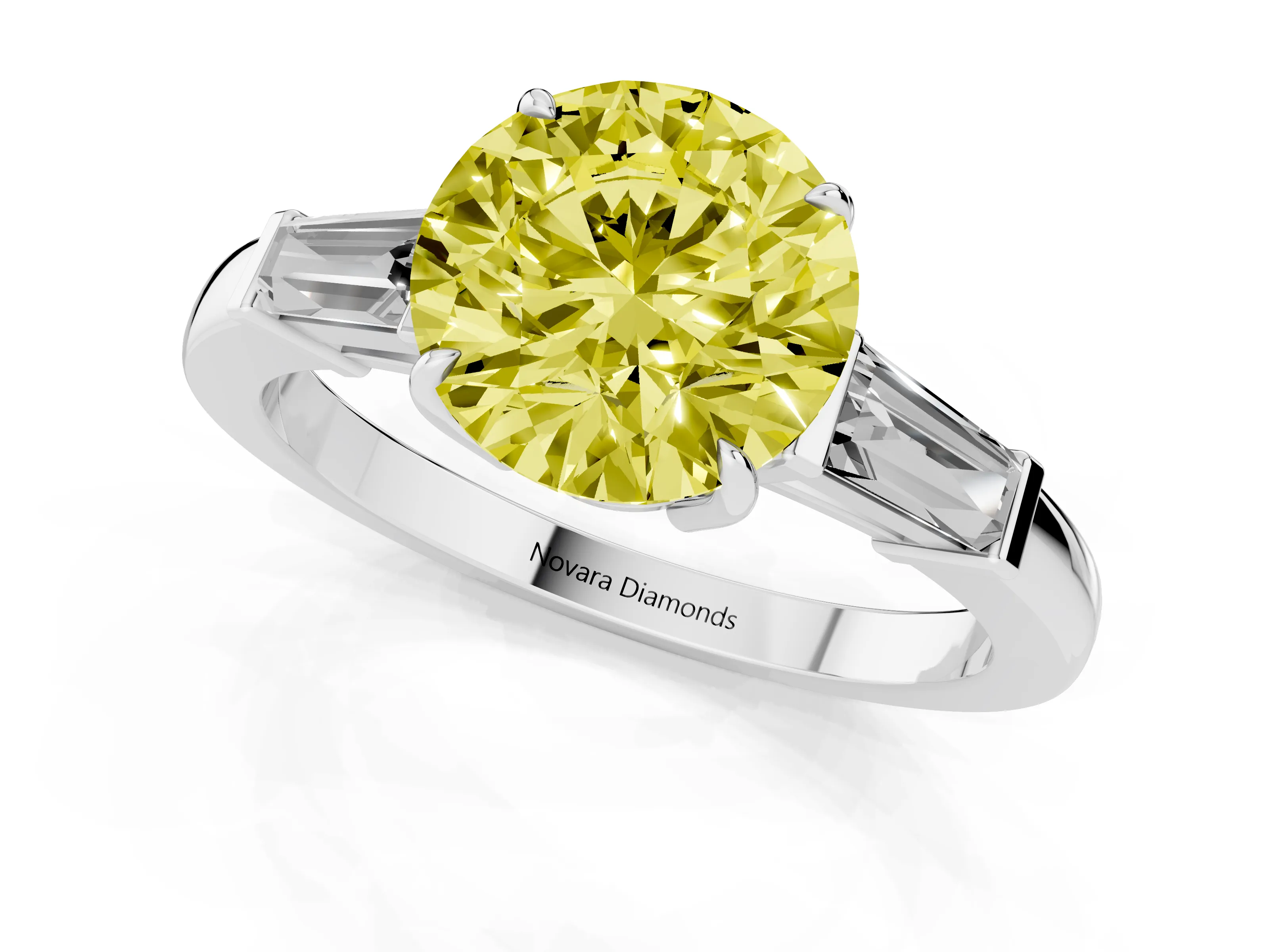 Fancy Yellow Round Cut Diamond Three-Stone Ring Set in White gold with Tapered Baguette Side Stones and Prong Setting