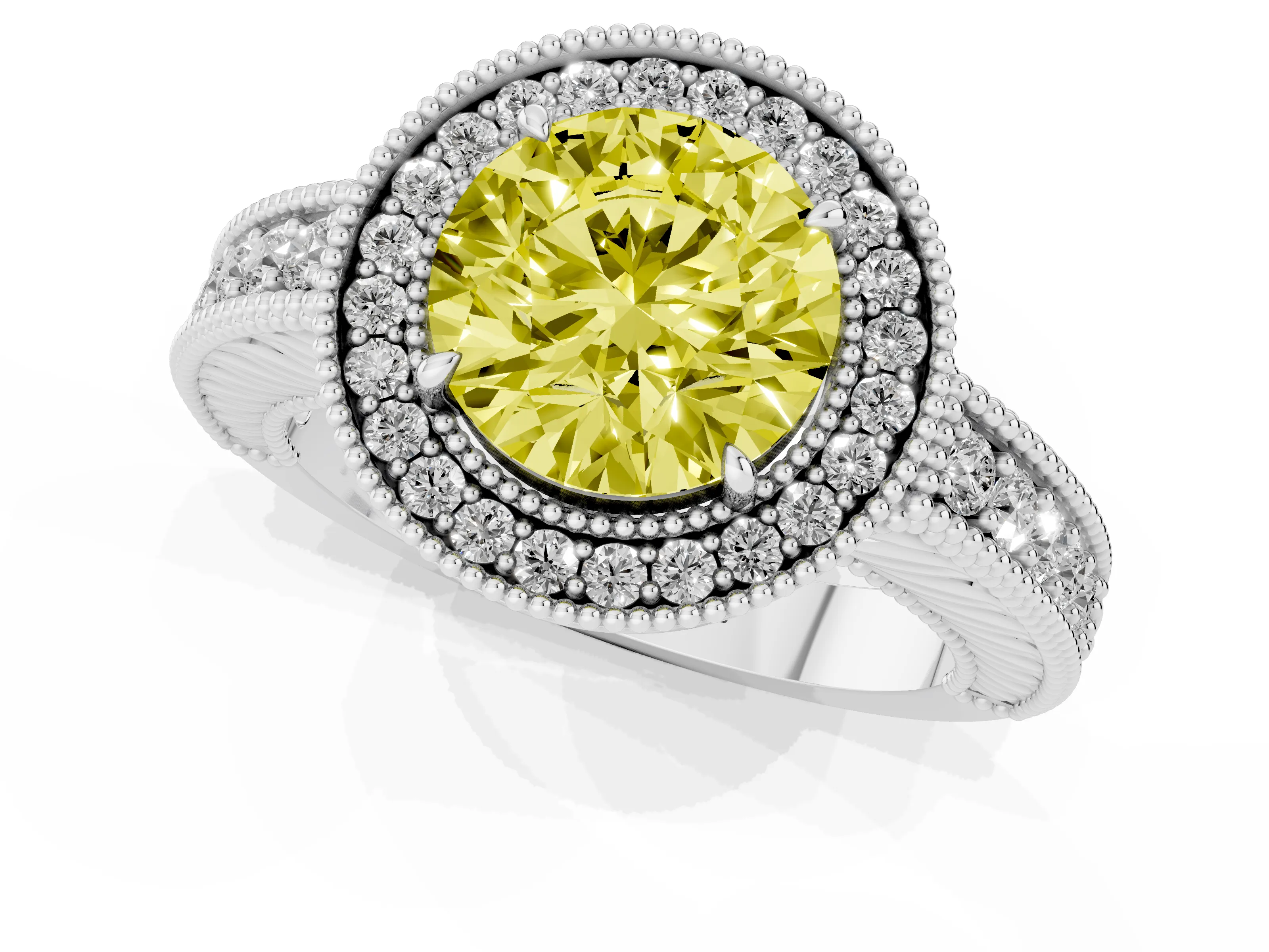 Fancy Yellow Round Cut Diamond Halo Ring Set in Silver with Round Accent Halo, Pavé Band and Prong Setting