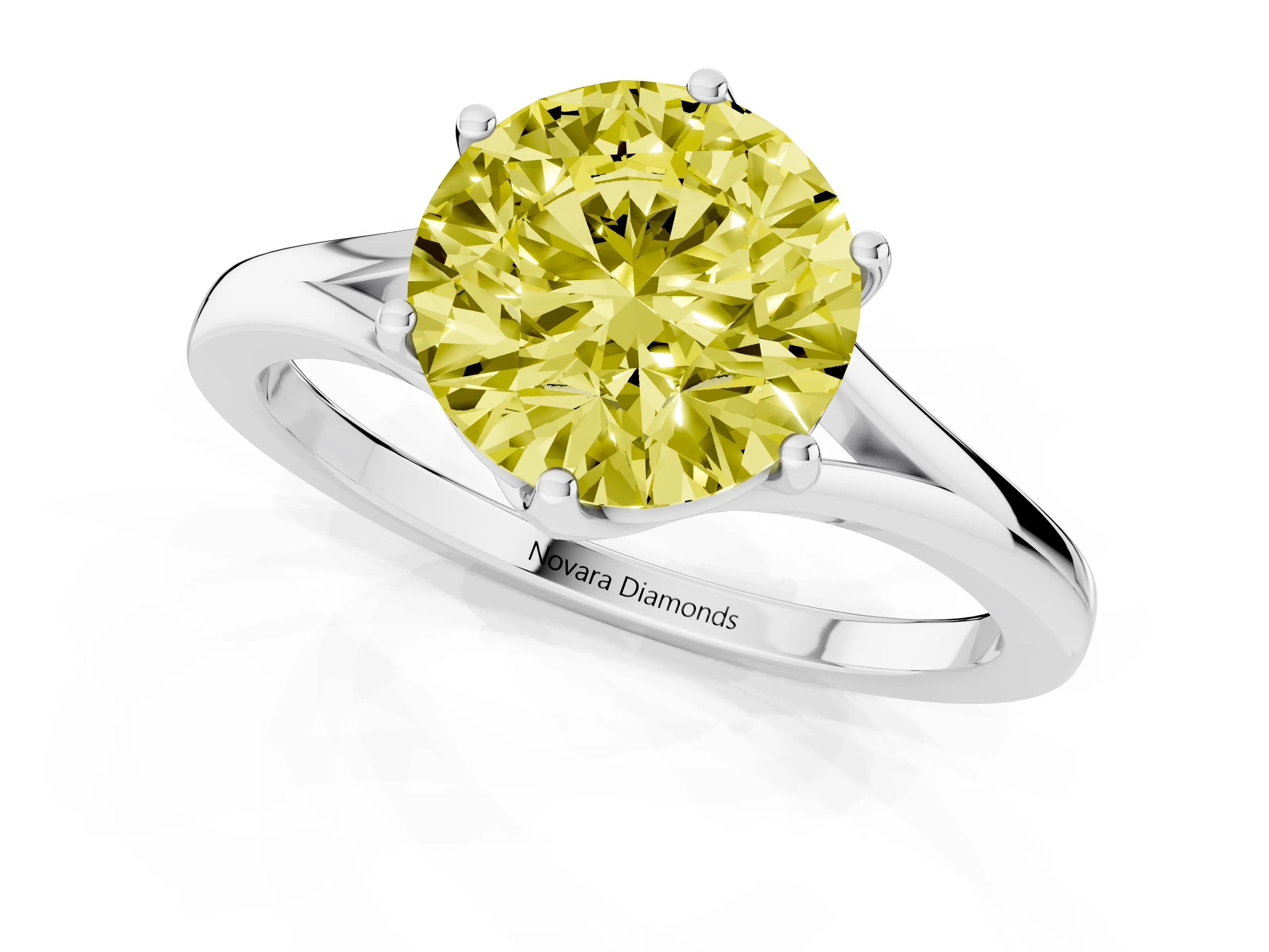 Fancy Yellow Round Cut Diamond Solitaire Ring Set in Silver with Polished Tapered Band and Prong Setting