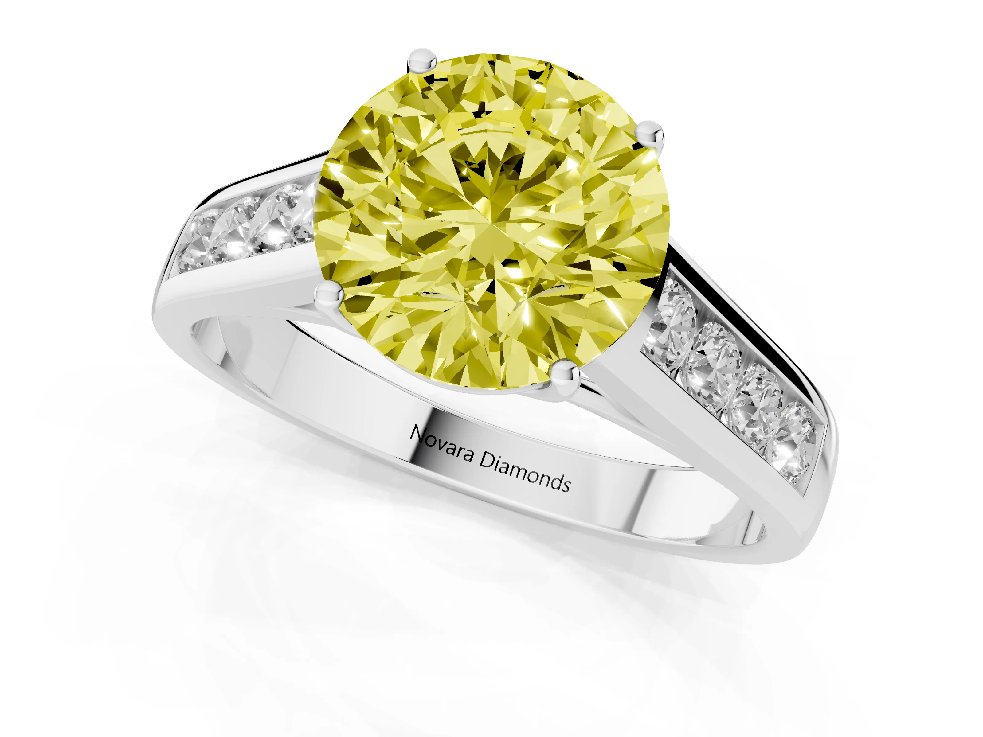 Fancy Yellow Round Cut Diamond Solitaire Channel-Set Engagement Ring Set in Silver with Prong Setting