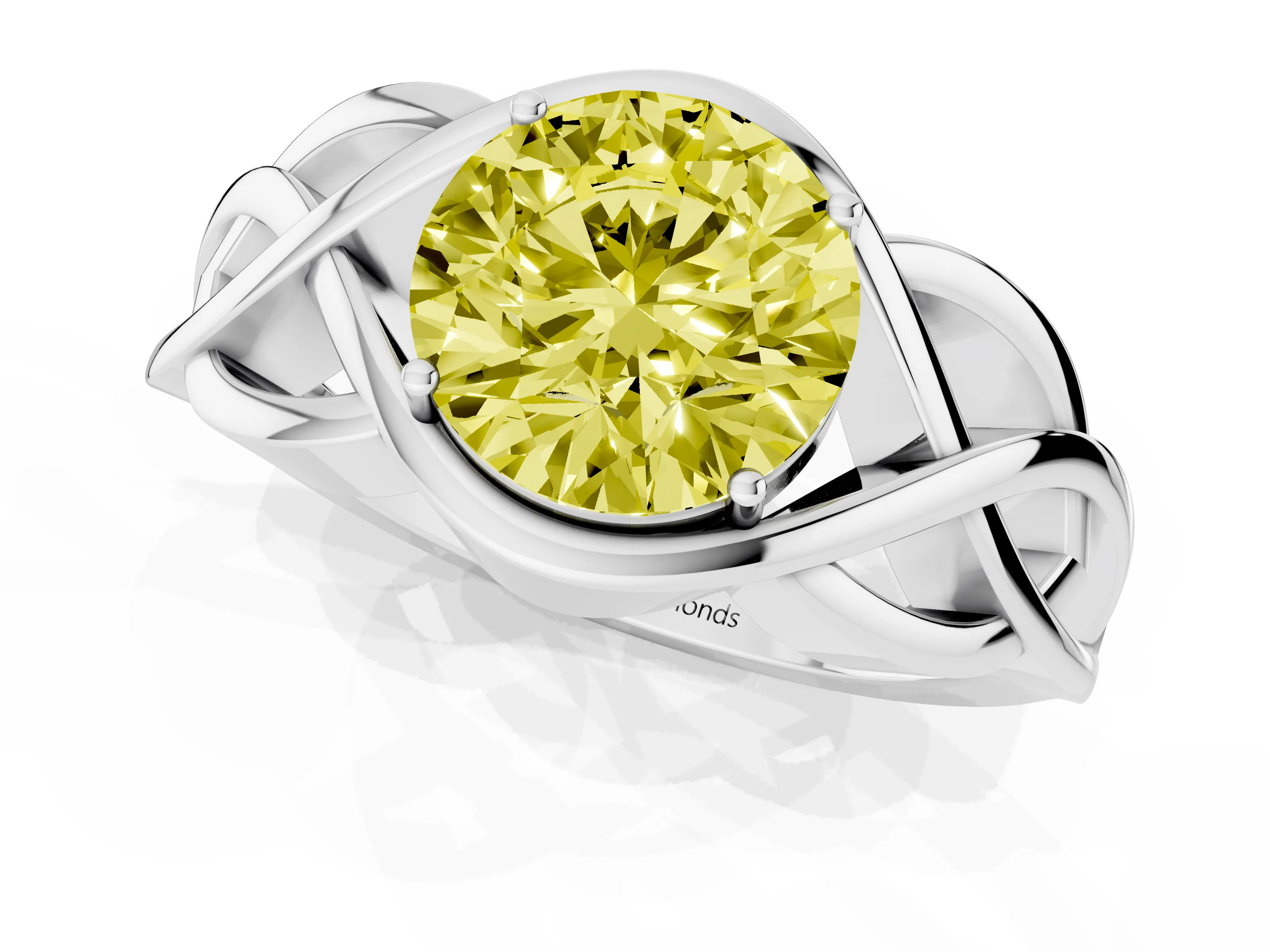 Fancy Yellow Round Cut Diamond Solitaire Ring Set in Platinum with Intertwined Band