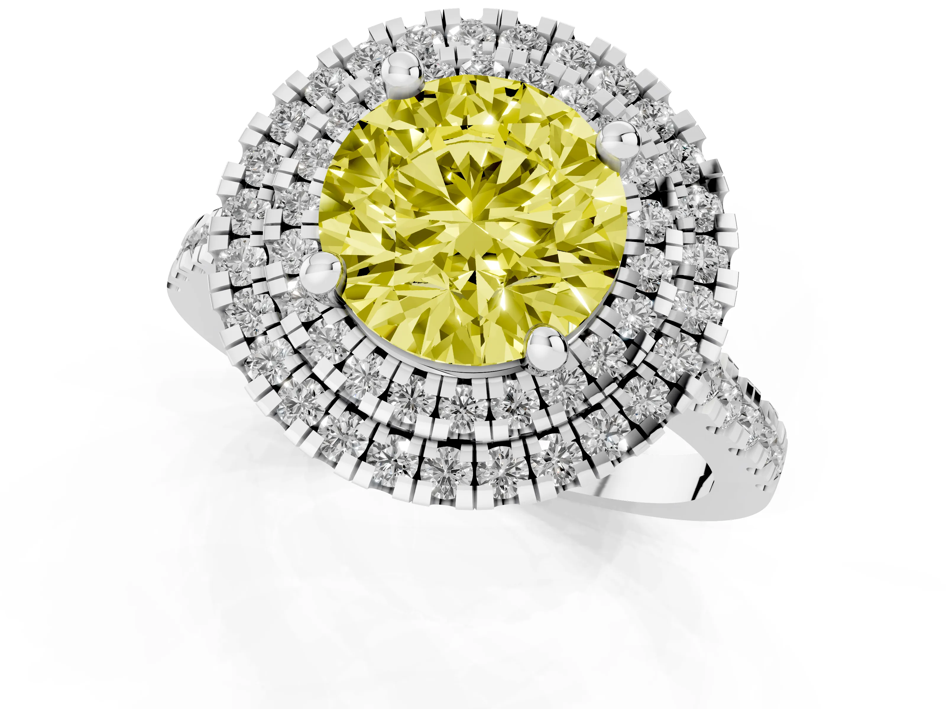 Fancy Yellow Round Cut Diamond Double Halo Statement Ring Set in Silver with Pavé Band