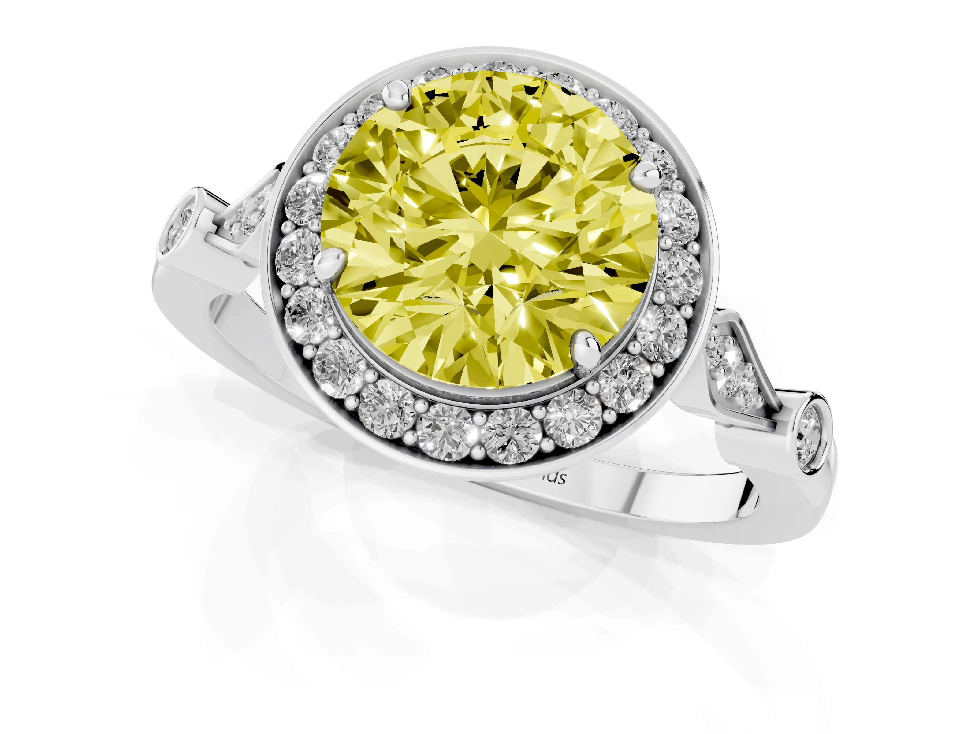 Fancy Yellow Round Cut Diamond Halo Engagement Ring Set in Platinum with Twisted Band and Prong Setting – second view
