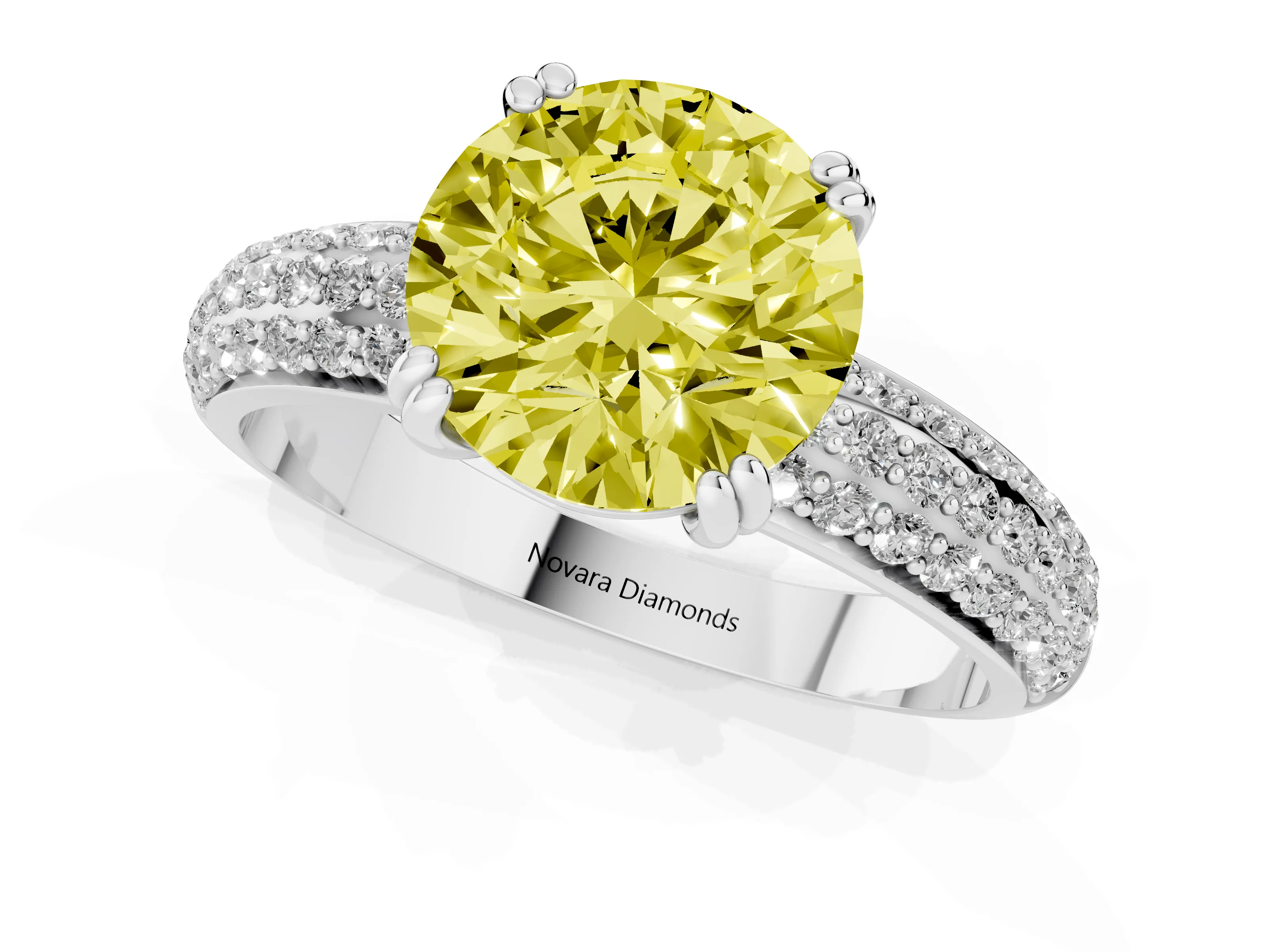 Fancy Yellow Round Cut Diamond Solitaire Ring Set in Platinum with Multi-Row Round Pavé Band and Prong Setting