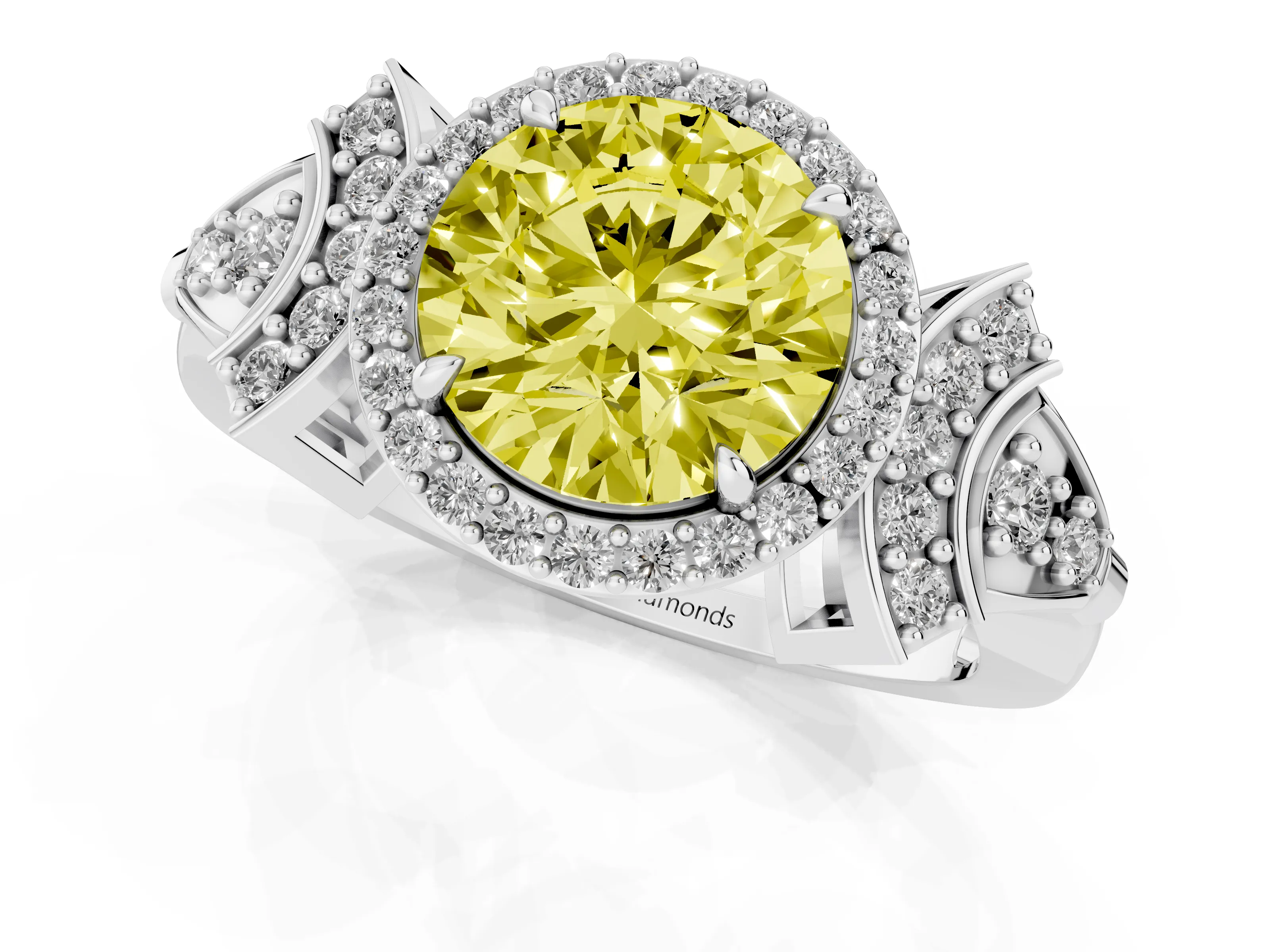 Fancy Yellow Round Cut Diamond Halo Engagement Ring Set in Silver with Accent Stone Split Shank