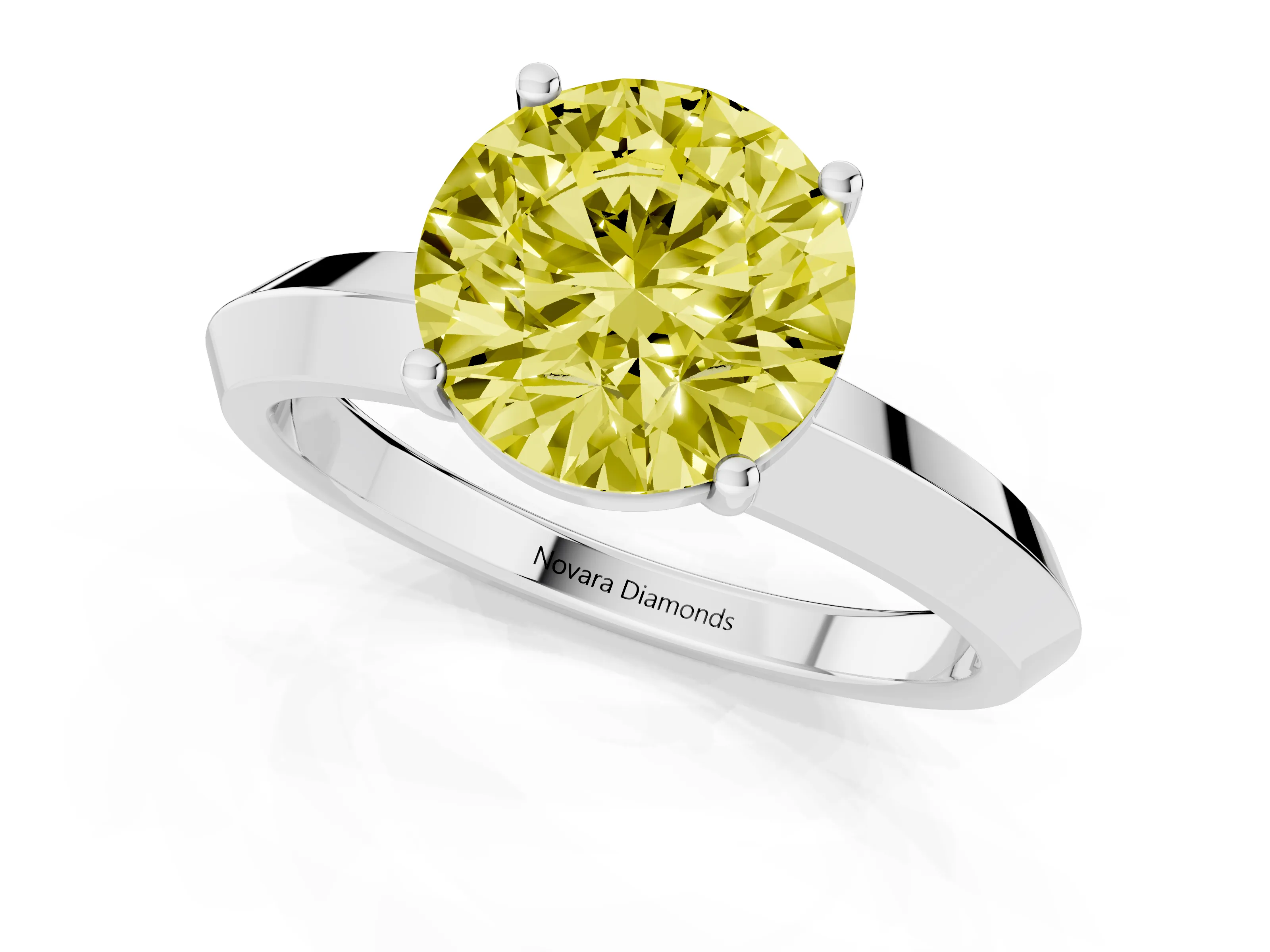 Fancy Yellow Round Cut Diamond Solitaire Engagement Ring Set in Silver with Flat Band and Prong Setting