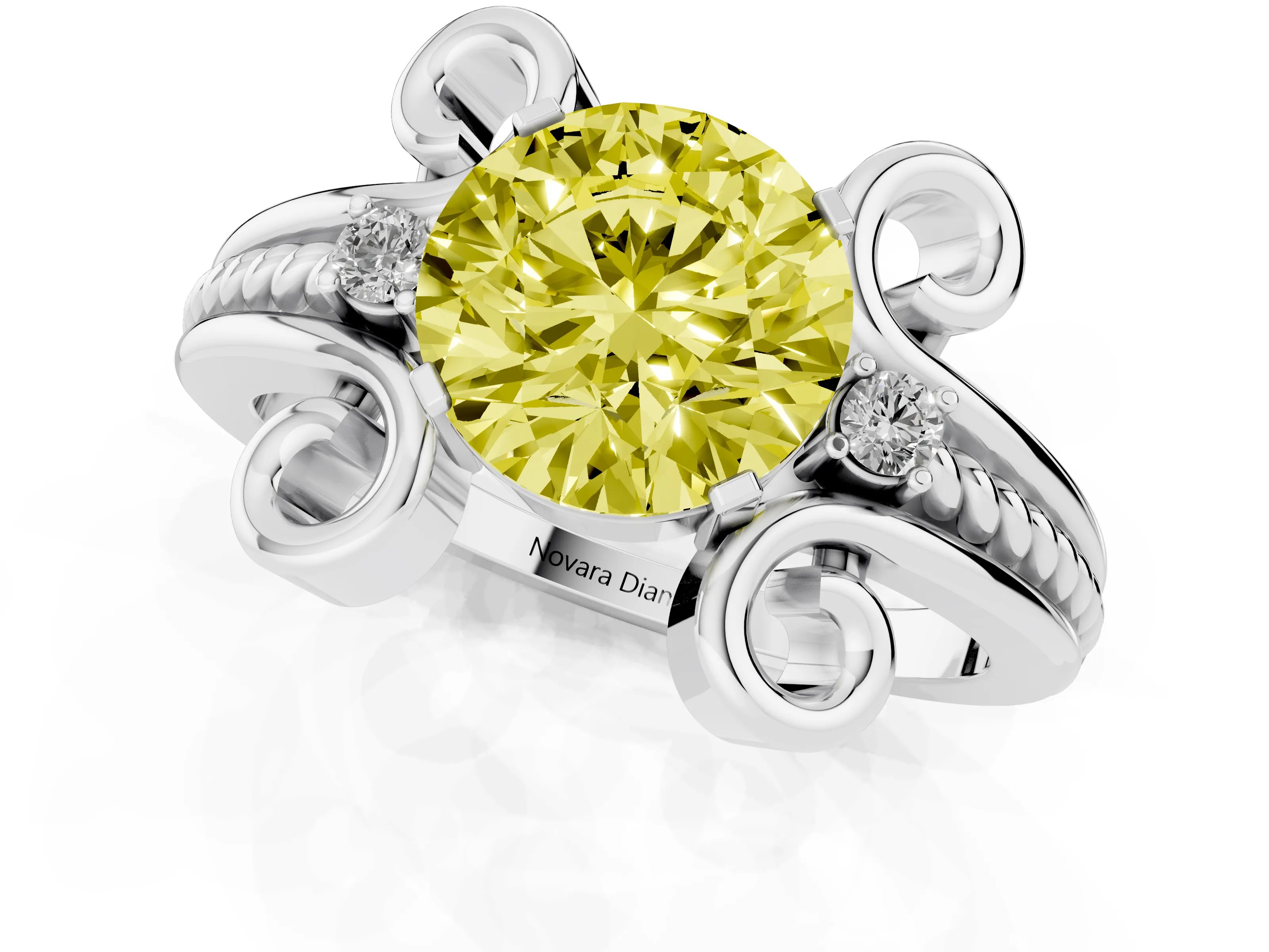 Fancy Yellow Round Cut Diamond Twisted Band Solitaire Ring Set in Platinum with Scroll Prongs