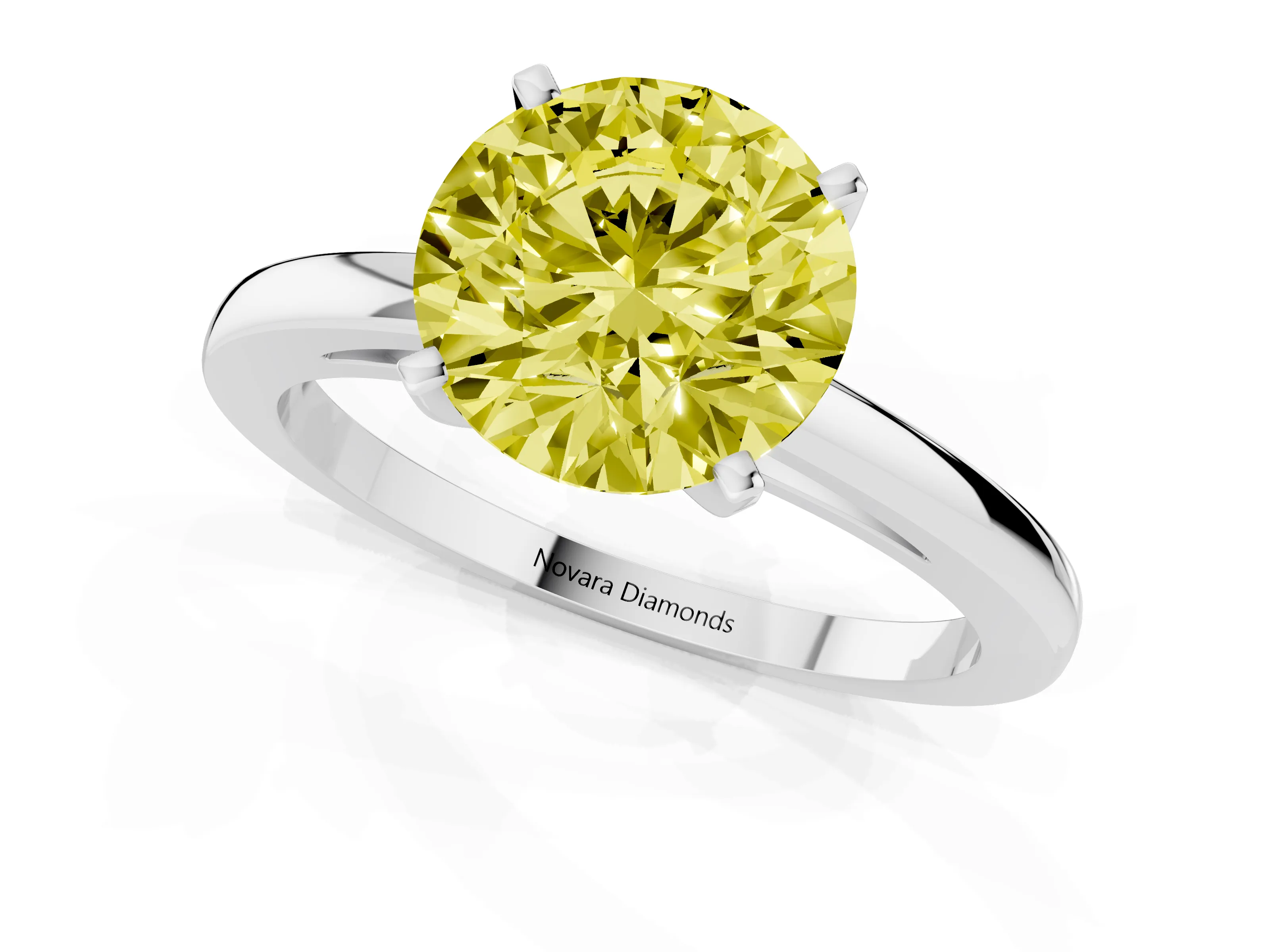 Fancy Yellow Round Cut Diamond Solitaire Engagement Ring Set in Platinum with Prong Setting on a Classic Band