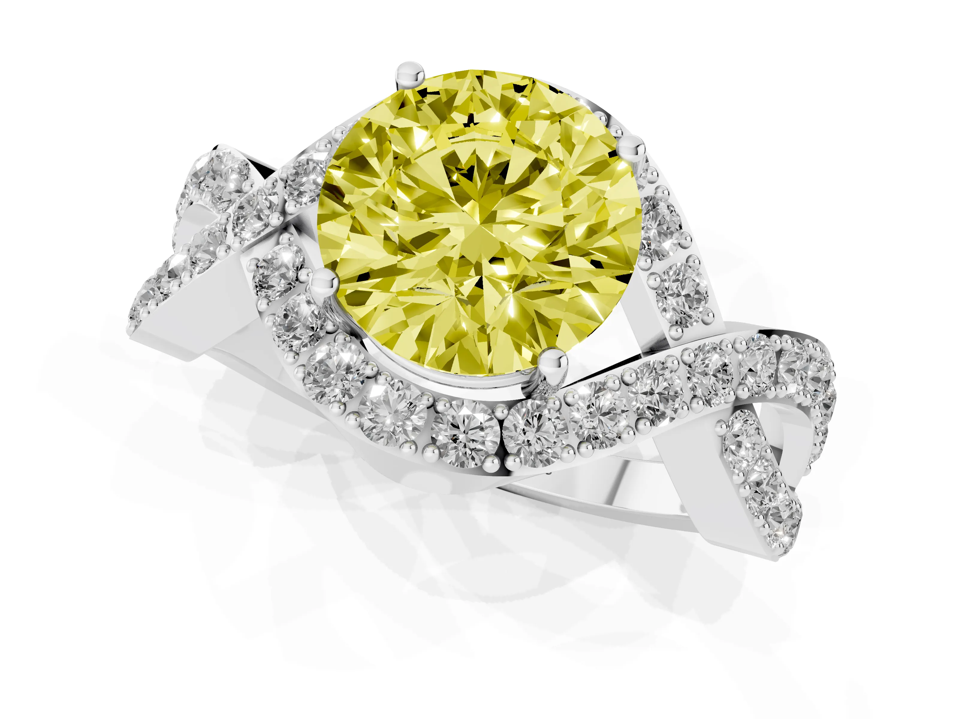 Fancy Yellow Round Cut Diamond Solitaire Twist Band Pavé Engagement Ring Set in Platinum