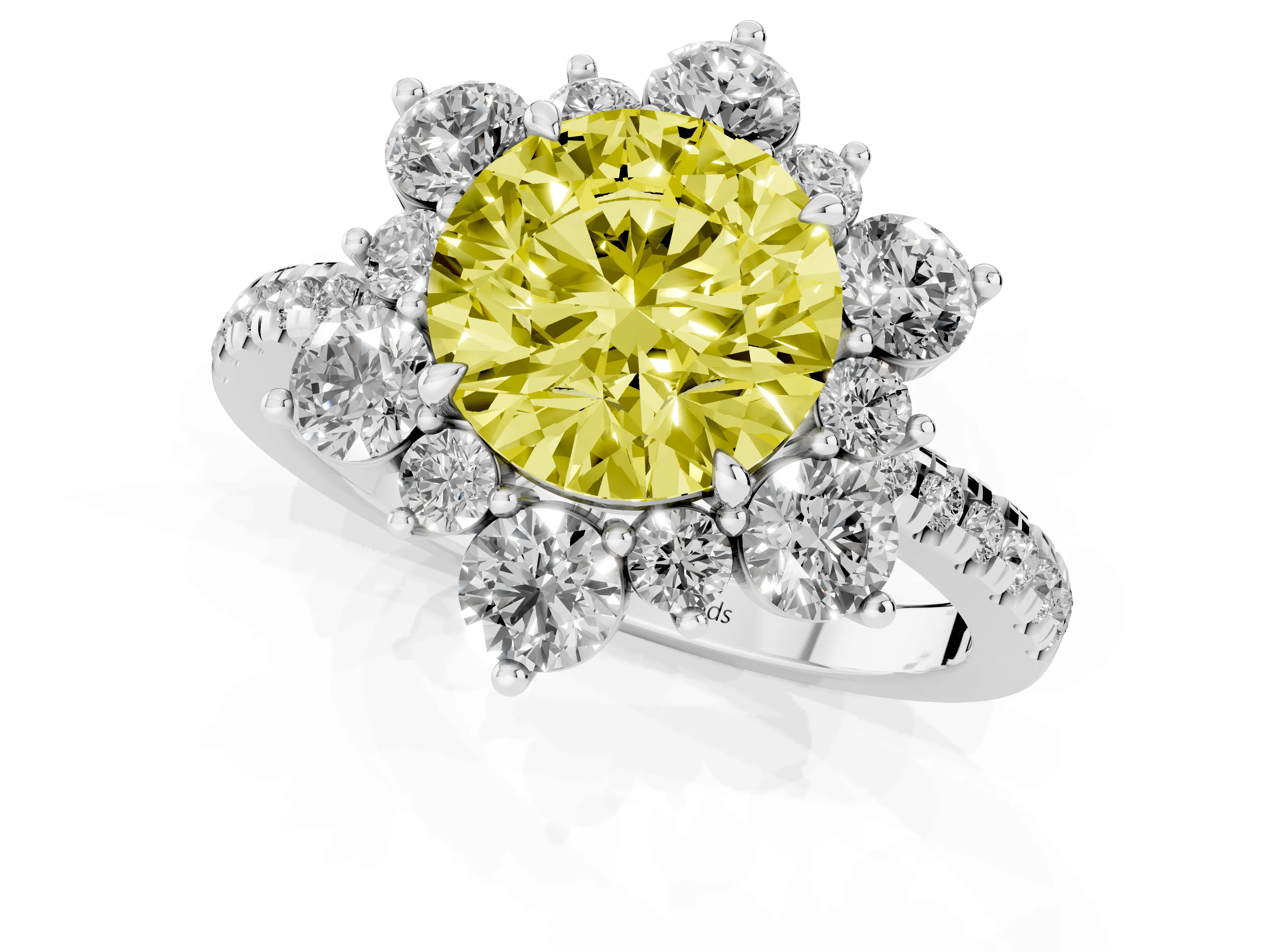Fancy Yellow Round Cut Diamond Floral Halo Ring Set in Platinum with Round Pavé Band and Prong Setting