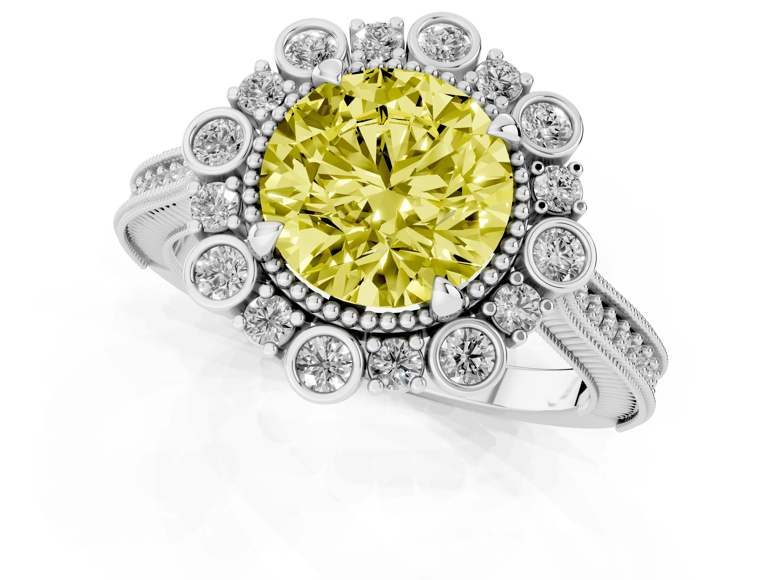 Fancy Yellow Round Cut Diamond Halo Milgrain Pavé Ring Set in White gold with Prong Setting