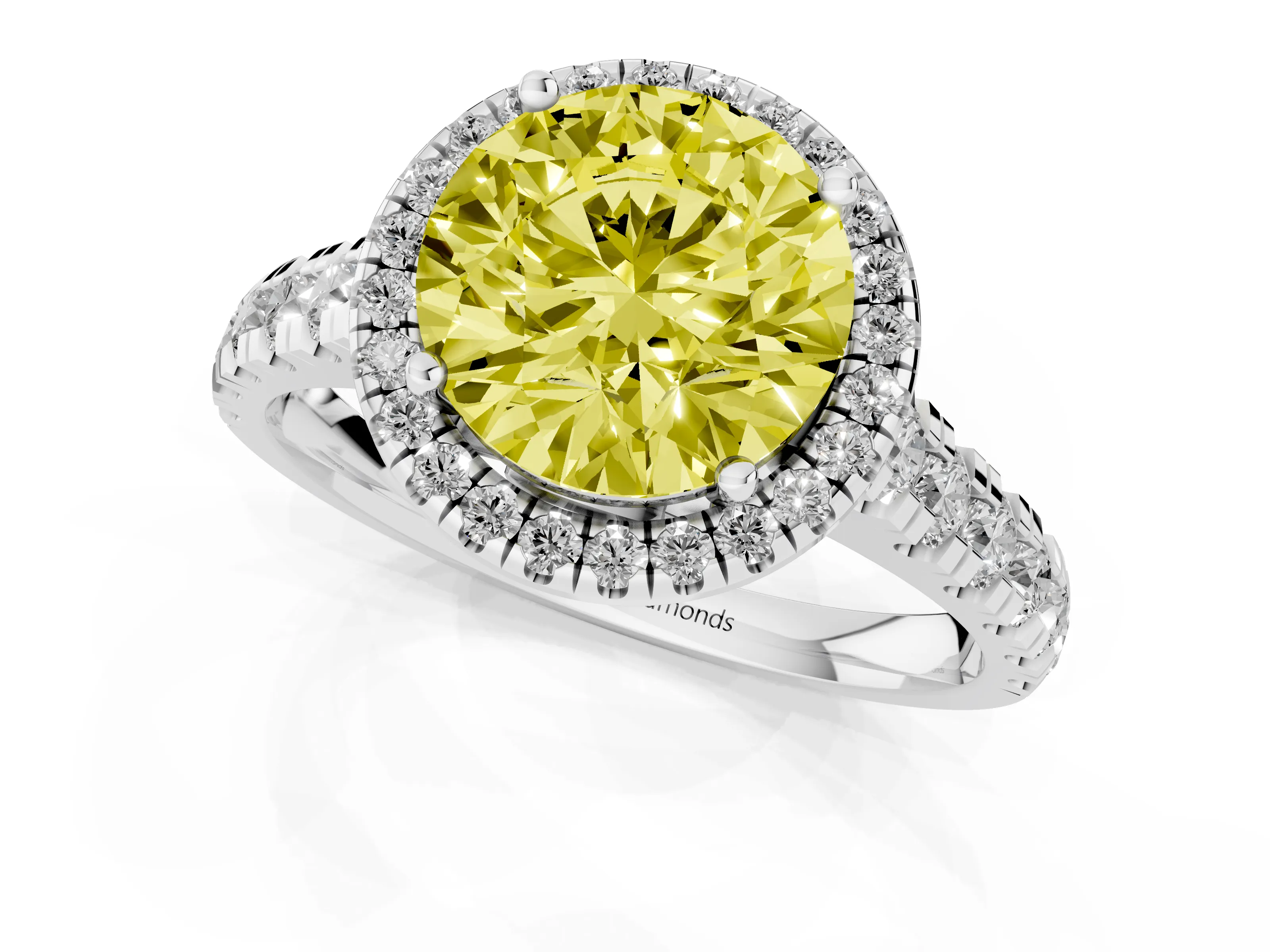 Fancy Yellow Round Cut Diamond Halo Engagement Ring Set in Platinum with Pavé Band and Prong-Set Center