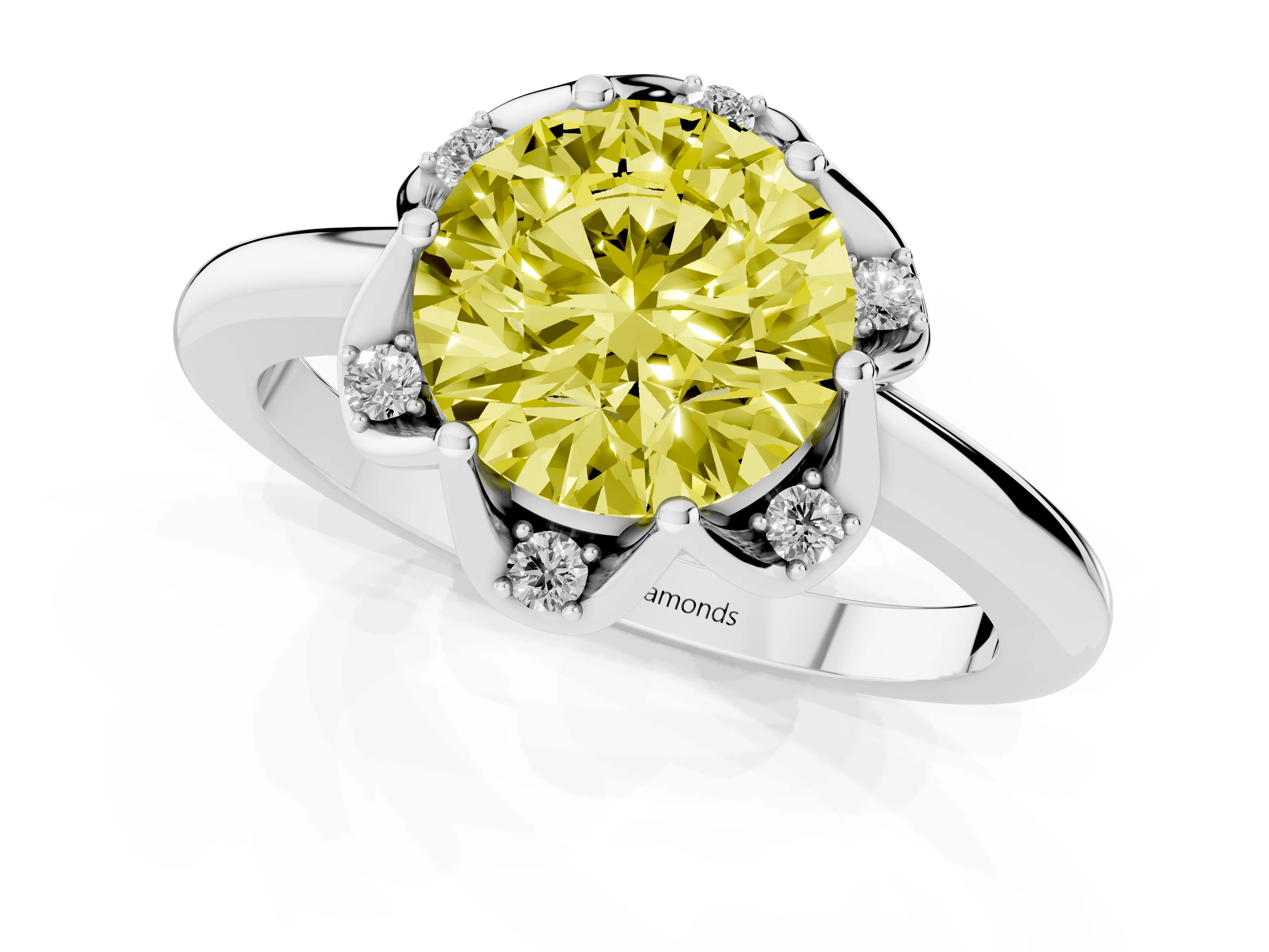 Fancy Yellow Round Cut Diamond Round Cluster Halo Ring Set in White gold with Solitaire Band and Prong Setting