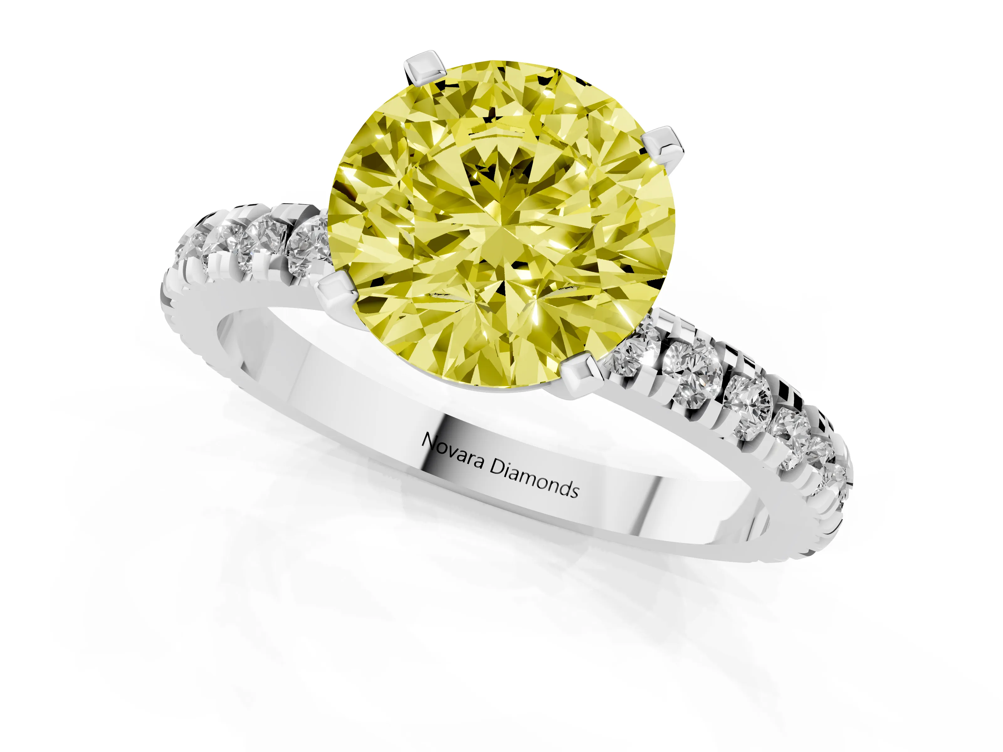 Fancy Yellow Round Cut Diamond Pavé Band Solitaire Set in White gold with Prong Setting