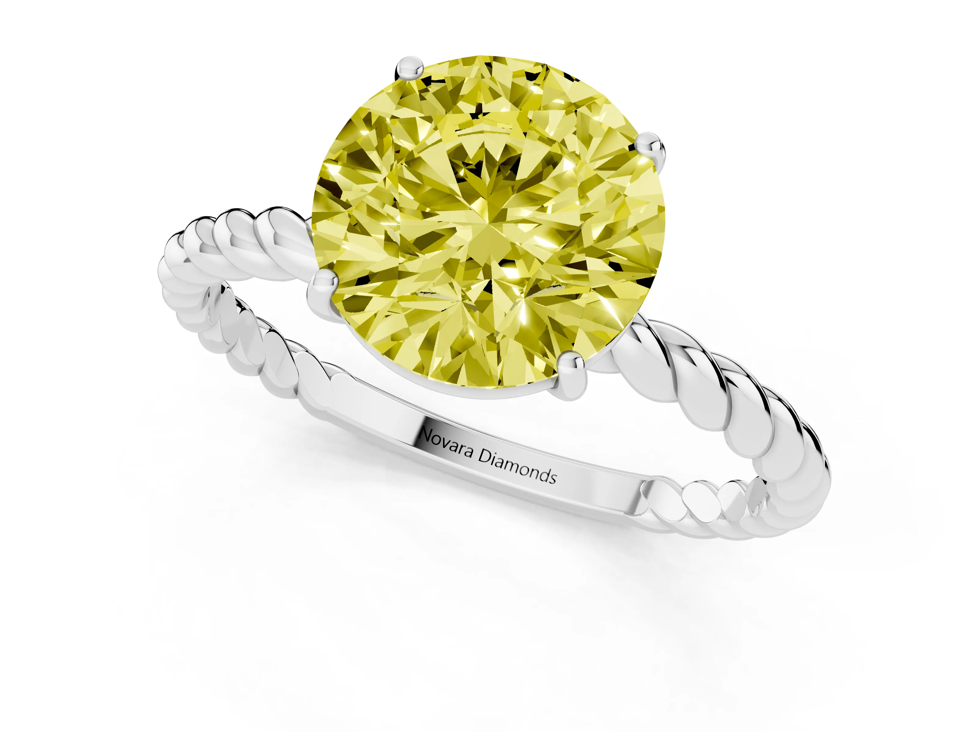 Fancy Yellow Round Cut Diamond Solitaire Ring Set in Platinum with Twist Band and Prong Setting