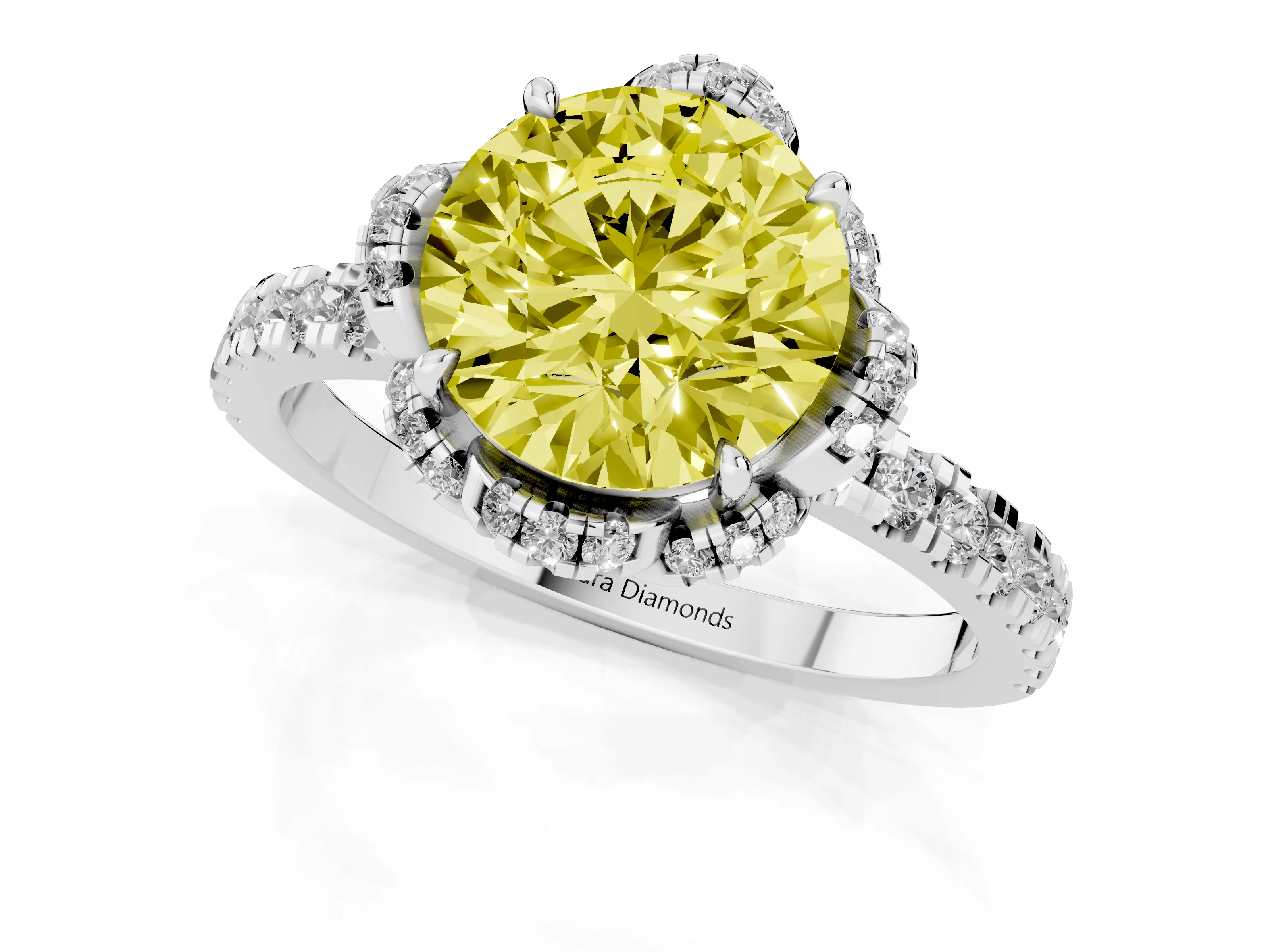 Fancy Yellow Round Cut Diamond Halo Pavé Band Ring Set in White gold with Prong-Held Center