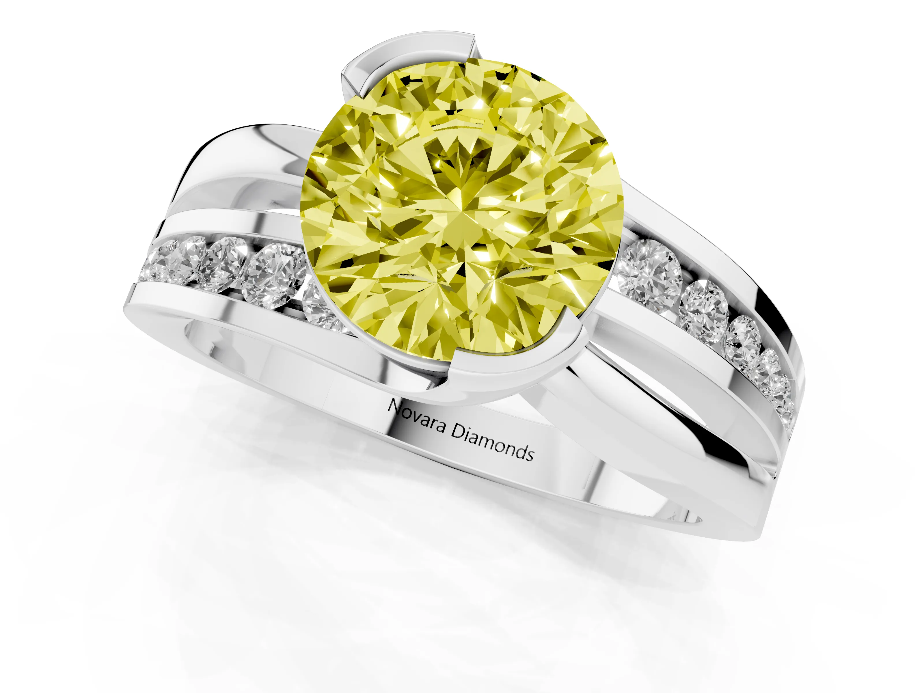 Fancy Yellow Round Cut Diamond Solitaire Ring Set in Silver with Channel Set Split Shank and Tension Prongs