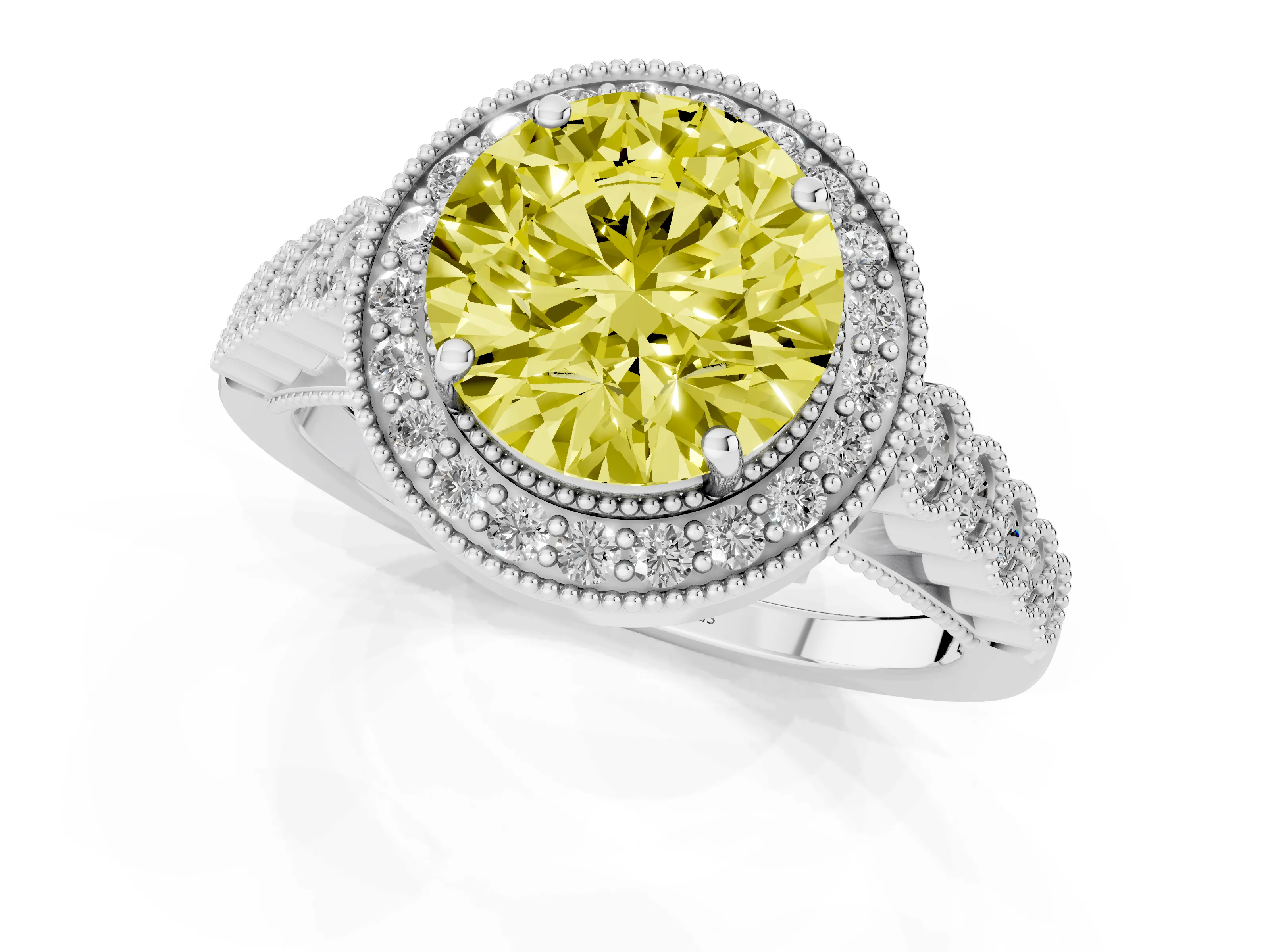 Fancy Yellow Round Cut Diamond Milgrain Halo Solitaire Ring Set in Silver with Bezel Set Side Stones and Pavé Band