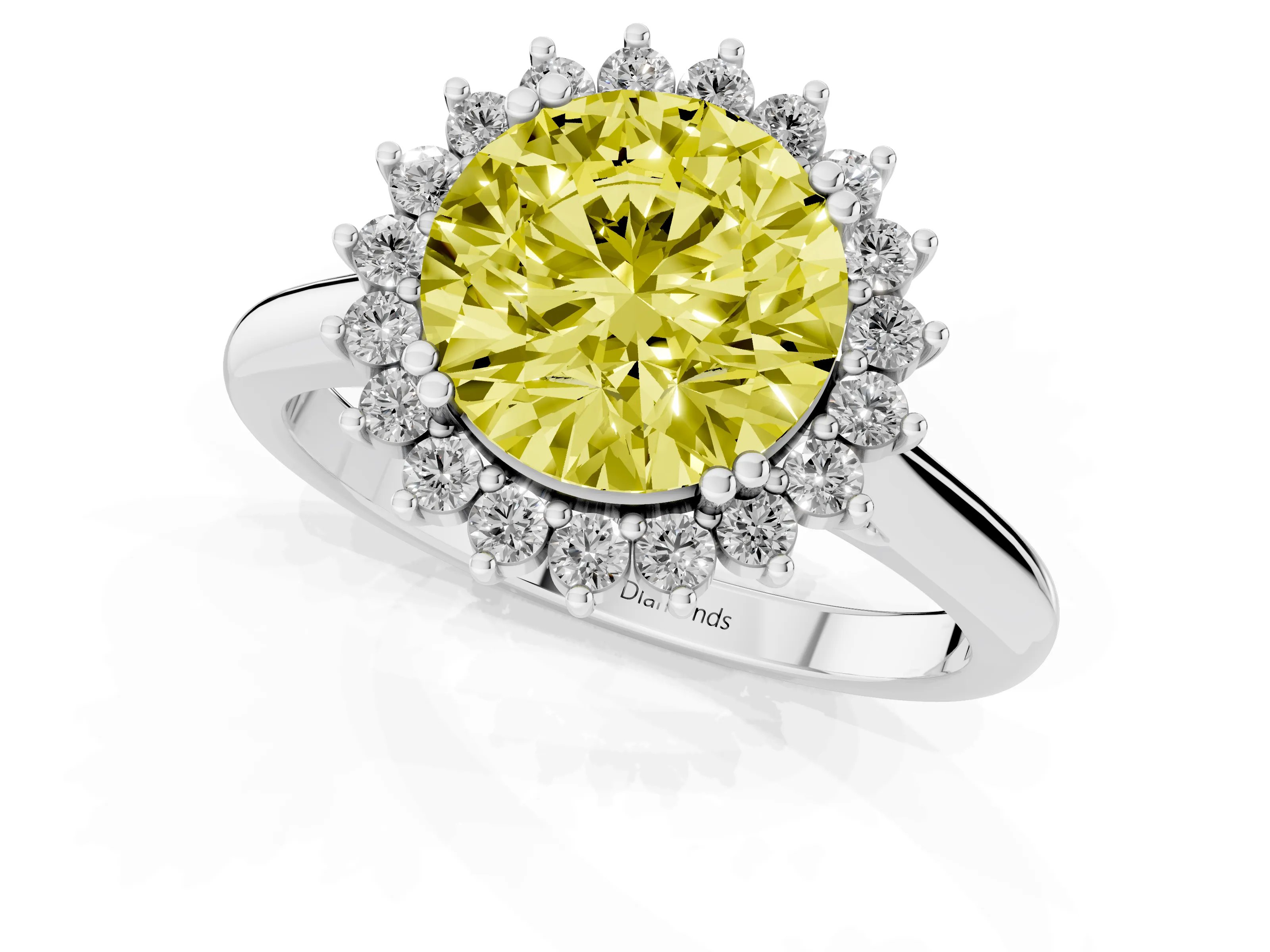Fancy Yellow Round Cut Diamond Halo Ring Set in Platinum with Plain Solitaire Band and Prong Setting