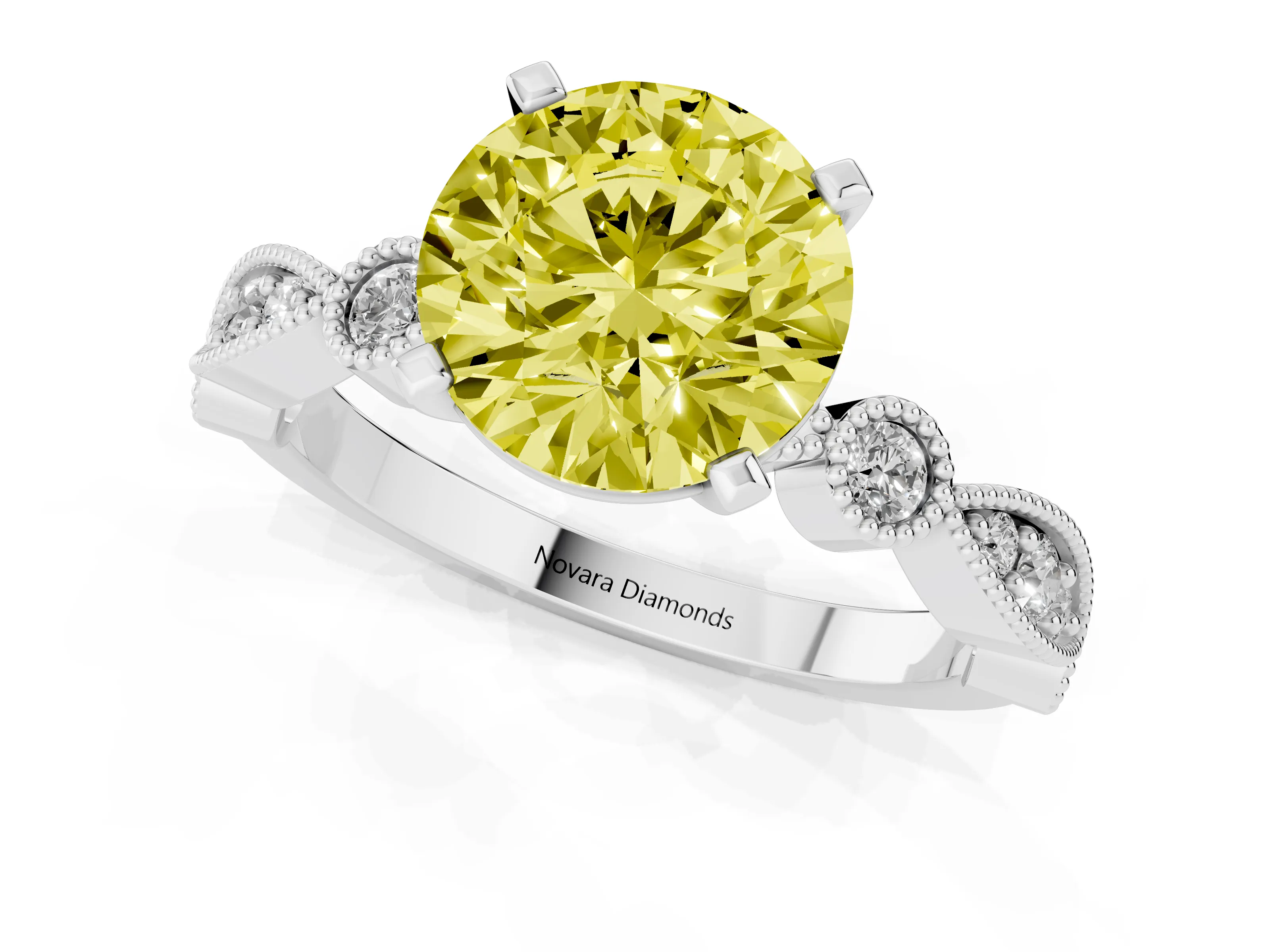 Fancy Yellow Round Cut Diamond Solitaire Engagement Ring Set in Silver with Milgrain Bezel Accent Band