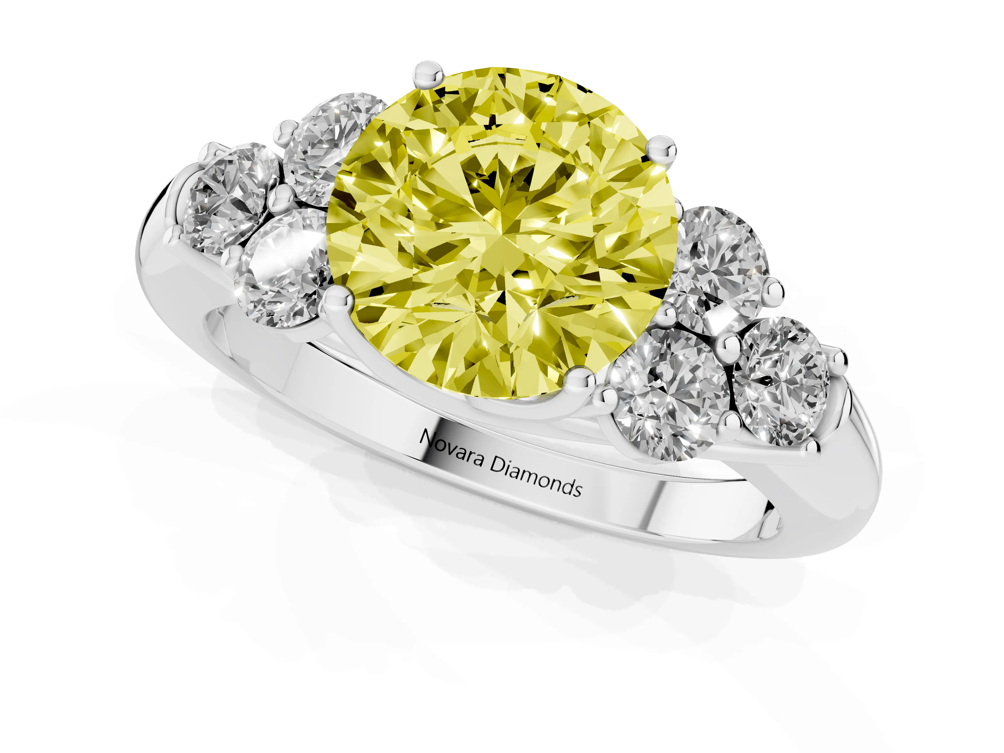 Fancy Yellow Round Cut Diamond Cluster Ring Set in Platinum with Round Accent Stones and Prong Setting on a Plain Band