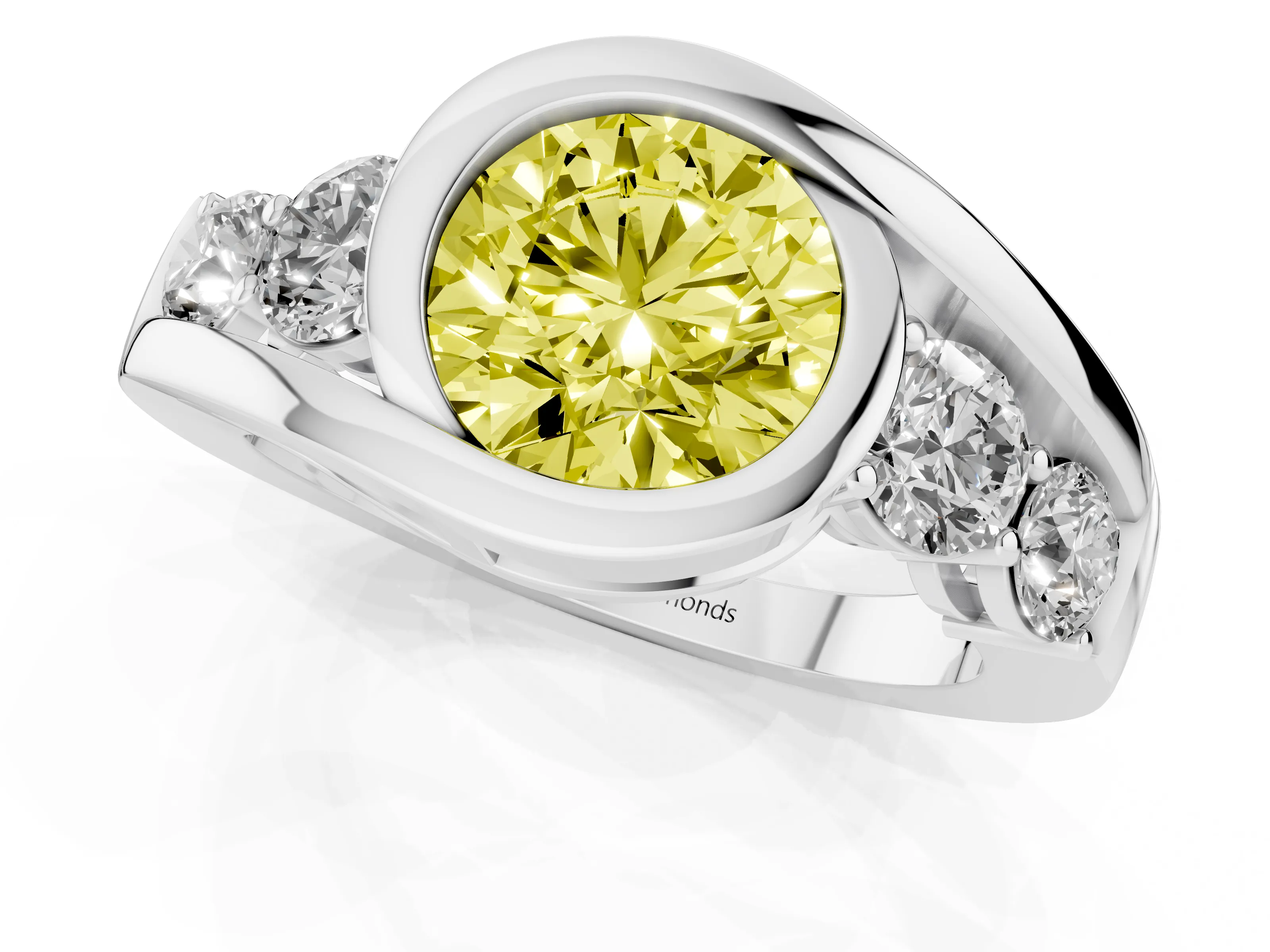Fancy Yellow Round Cut Diamond Bezel Bypass Ring Set in Silver with Round Accents