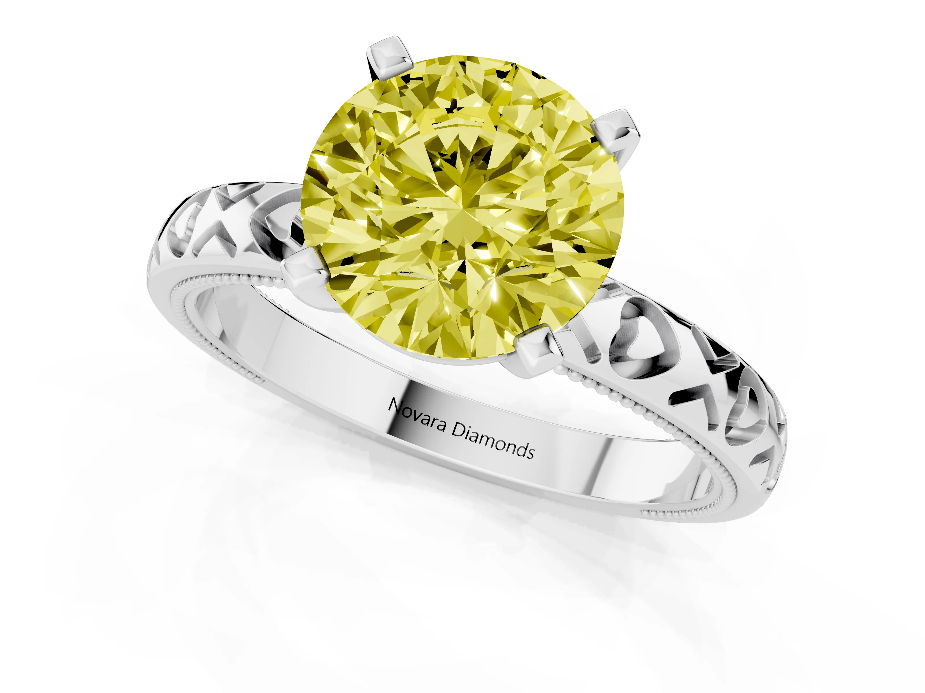 Fancy Yellow Round Cut Diamond Solitaire Engagement Ring Set in White gold with XO Engraved Band and Prong Setting