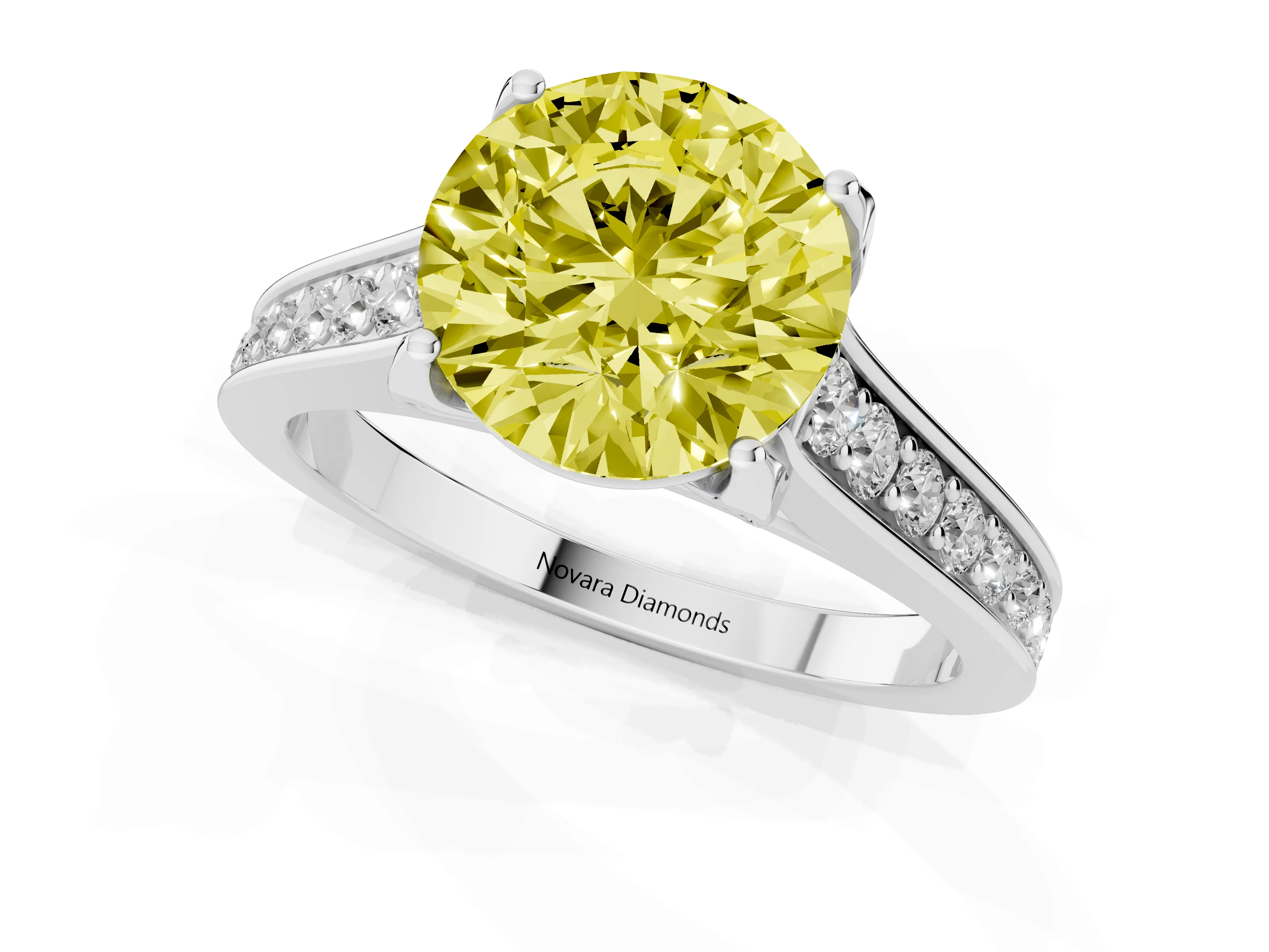 Fancy Yellow Round Cut Diamond Solitaire Pavé Engagement Ring Set in White gold with Prong Setting
