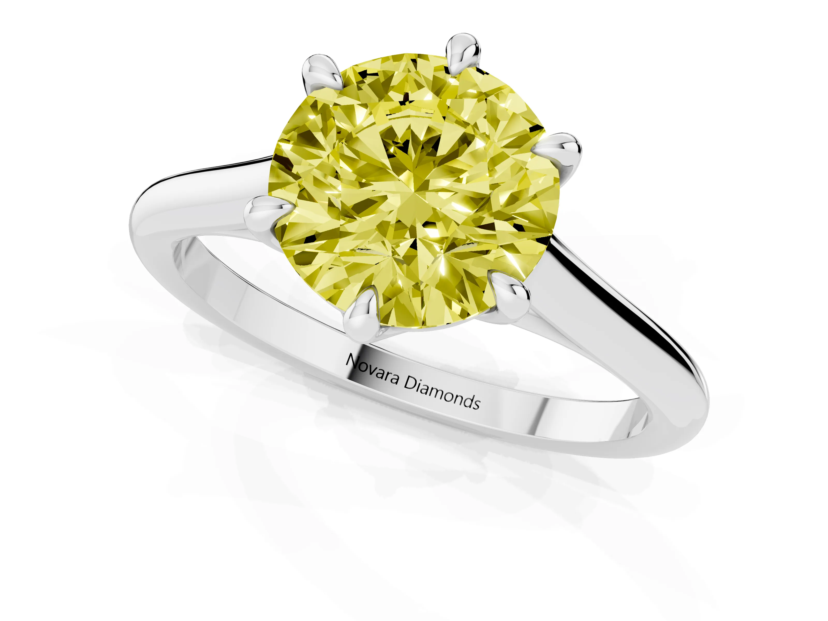 Fancy Yellow Round Cut Diamond Solitaire Engagement Ring Set in White gold with Prong Setting and Plain Classic Band