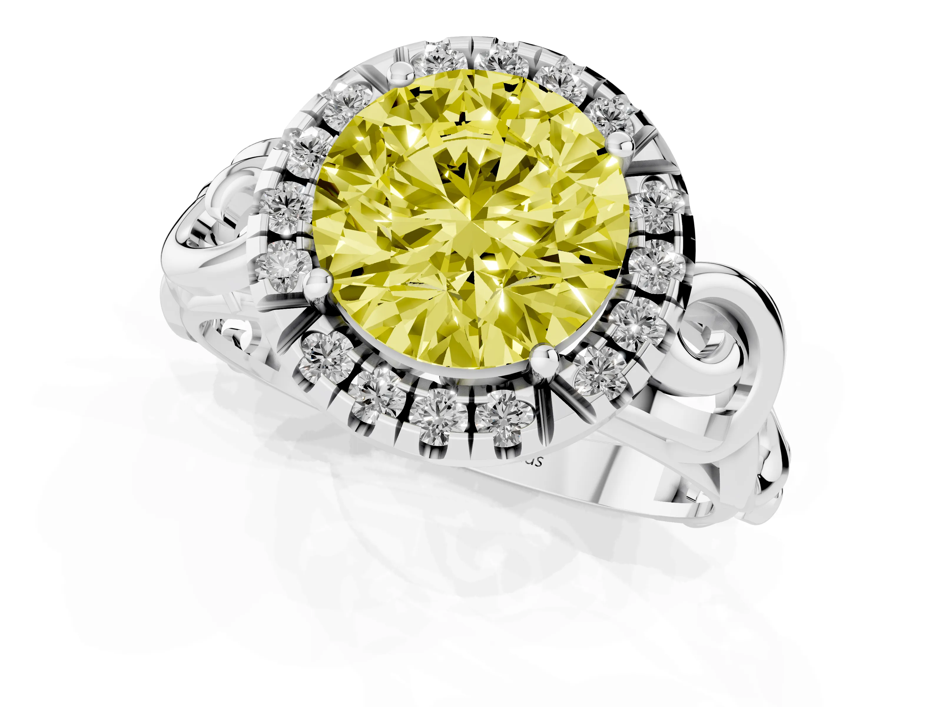 Fancy Yellow Round Cut Diamond Halo Ring Set in Platinum with Scrollwork Band and Prong Setting