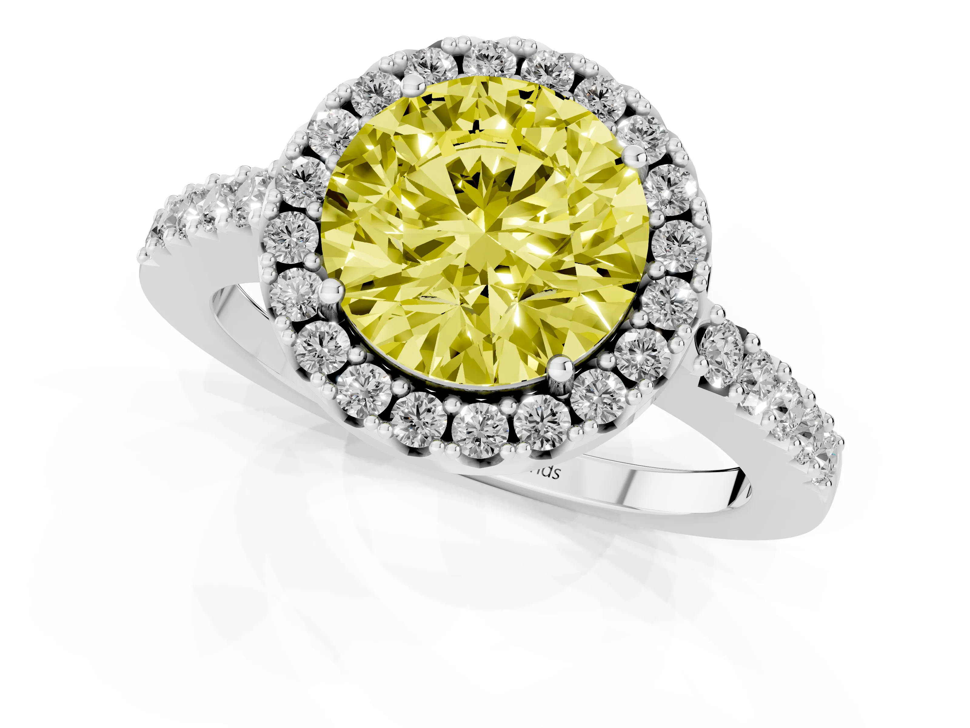 Fancy Yellow Round Cut Diamond Halo Pavé Solitaire Ring Set in Silver with Prong-Set Center Stone