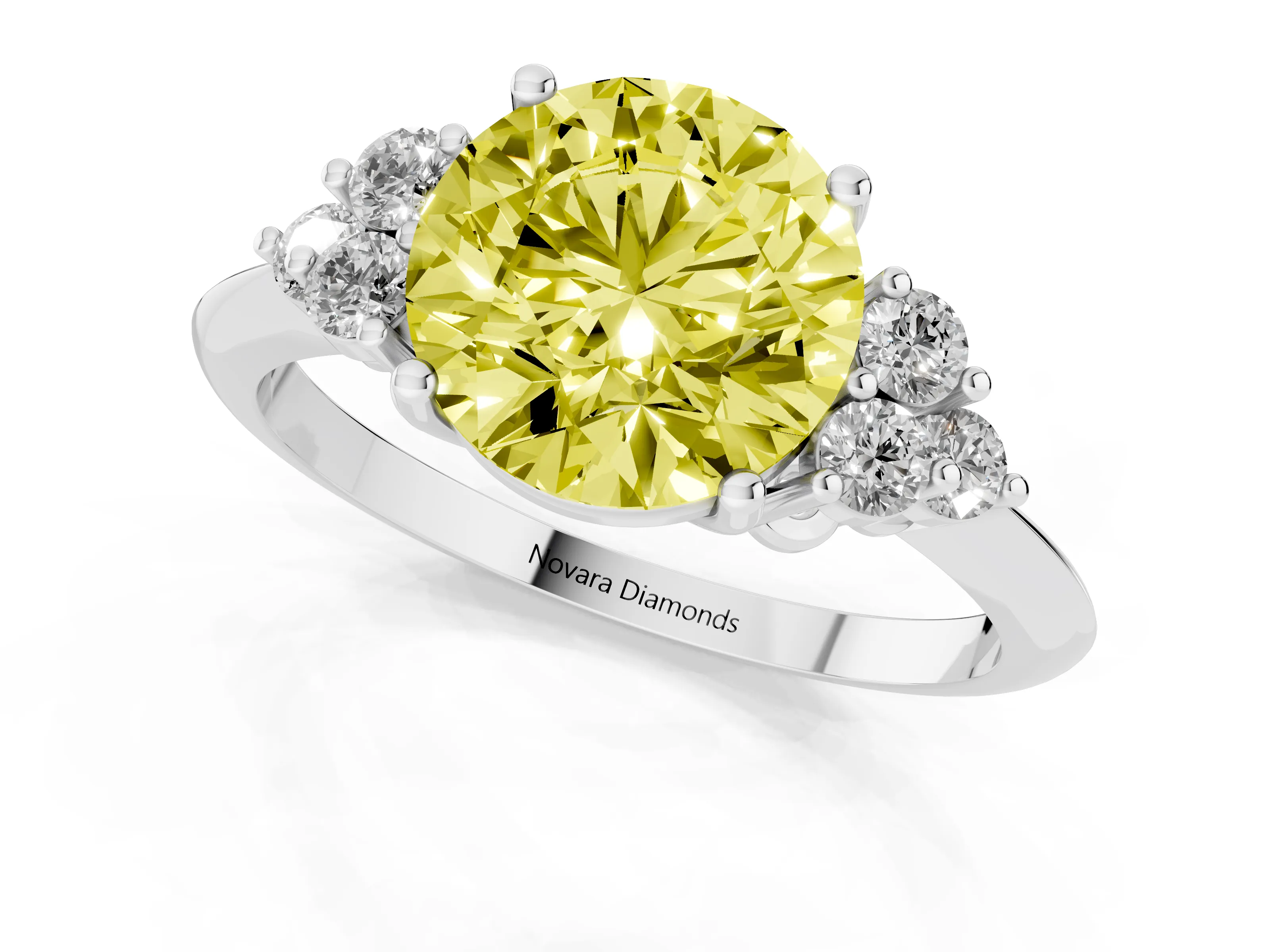 Fancy Yellow Round Cut Diamond Cluster Ring Set in Platinum with Plain Band and Prong Setting