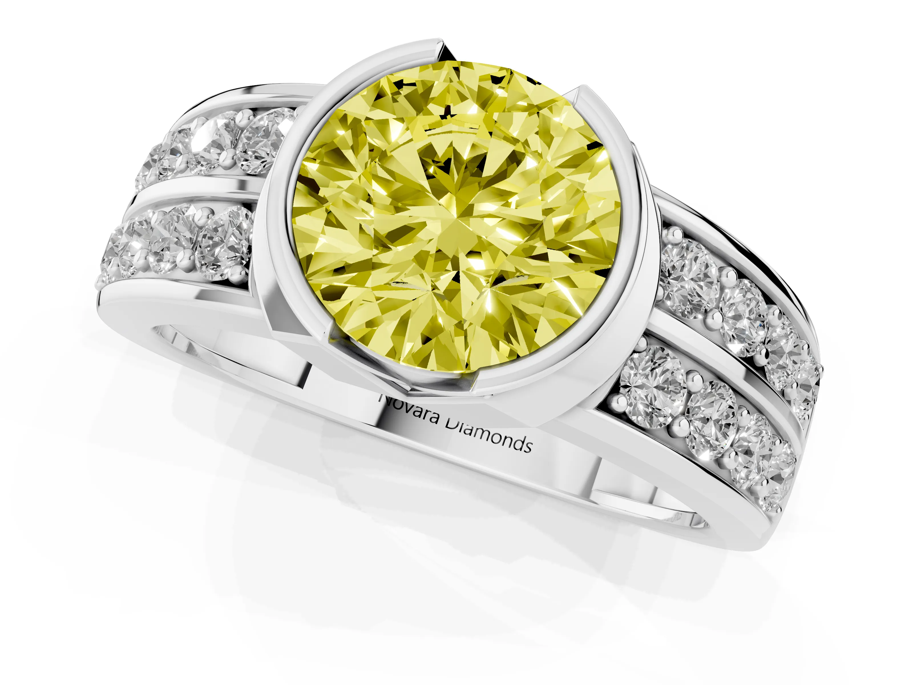 Fancy Yellow Round Cut Diamond Wide Channel Set Band Ring Set in Platinum with Bezel Setting