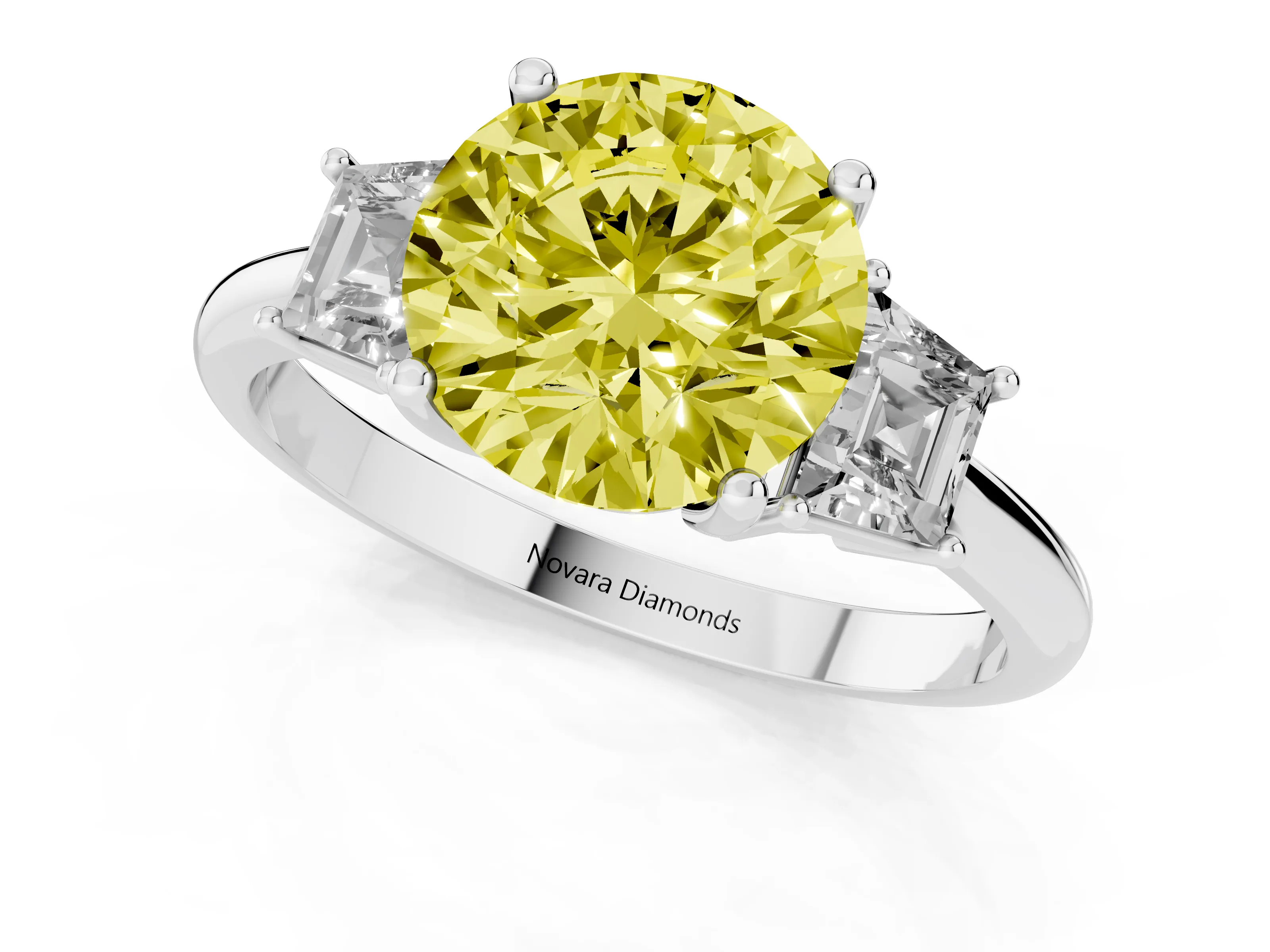 Fancy Yellow Round Cut Diamond Three-Stone Ring Set in Platinum with Trapezoid Side Stones and Prong Setting – second view