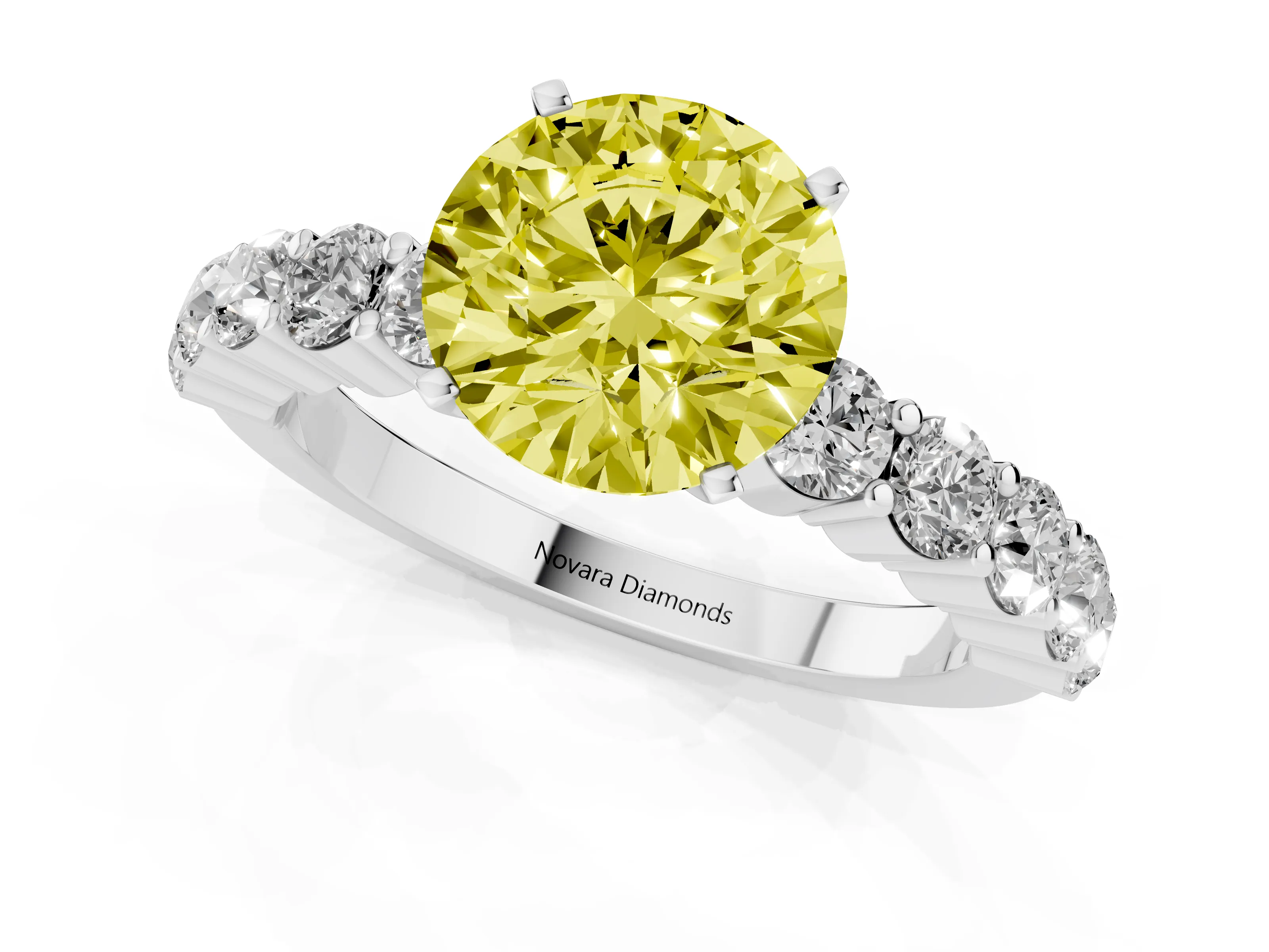 Fancy Yellow Round Cut Diamond Solitaire Ring Set in Platinum with Shared Prong Round Side Stones
