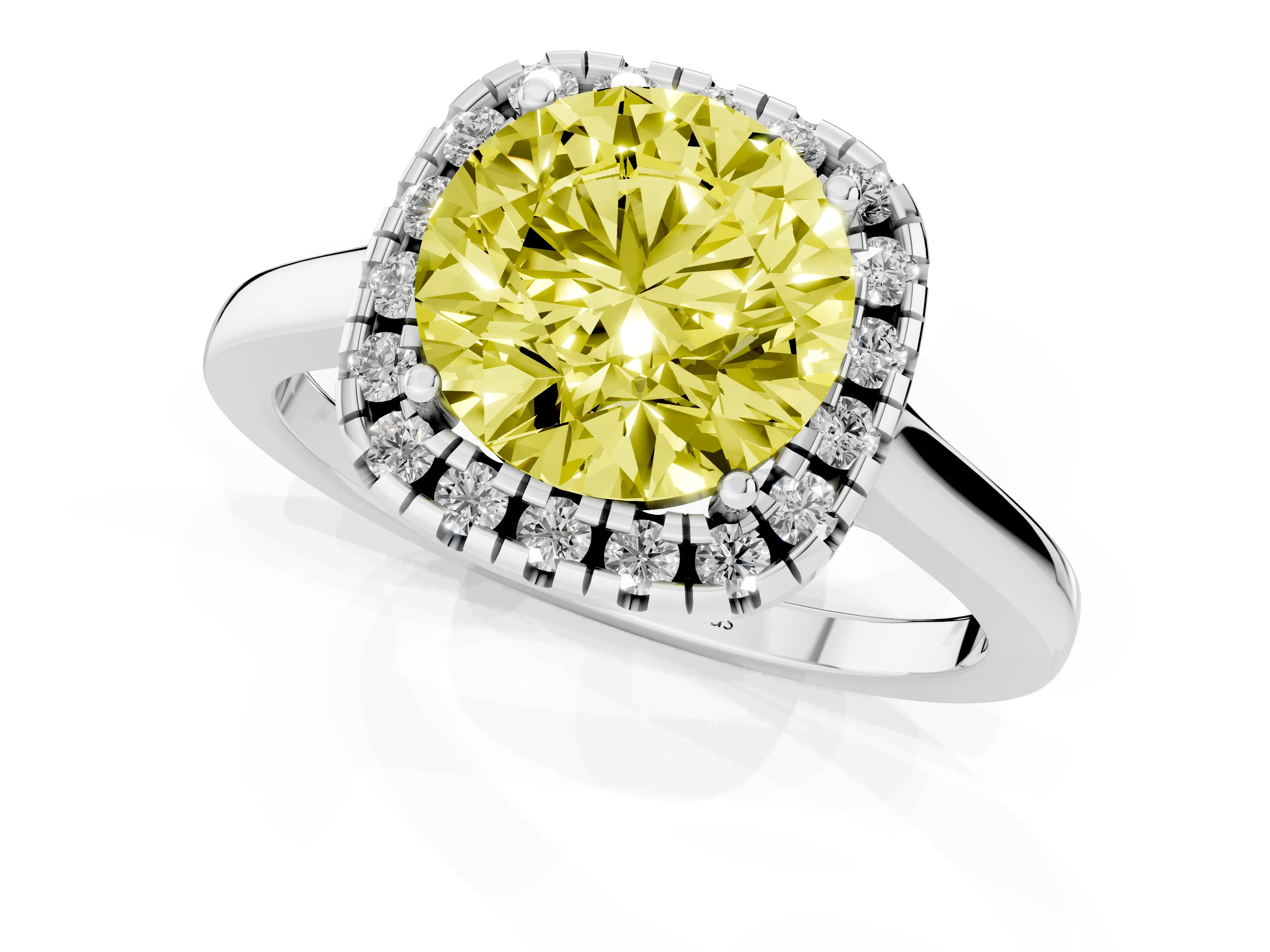 Fancy Yellow Round Cut Halo Round Diamond Solitaire Ring Set in Silver with Pavé Band and Prong Setting